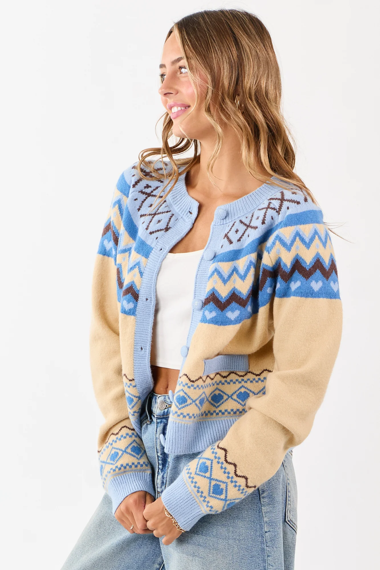 Cozy Cobalt Cream Fair Isle Heart Cardigan