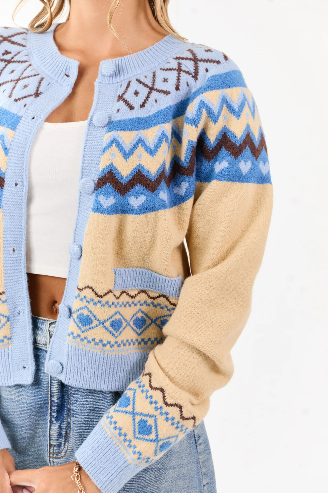 Cozy Cobalt Cream Fair Isle Heart Cardigan