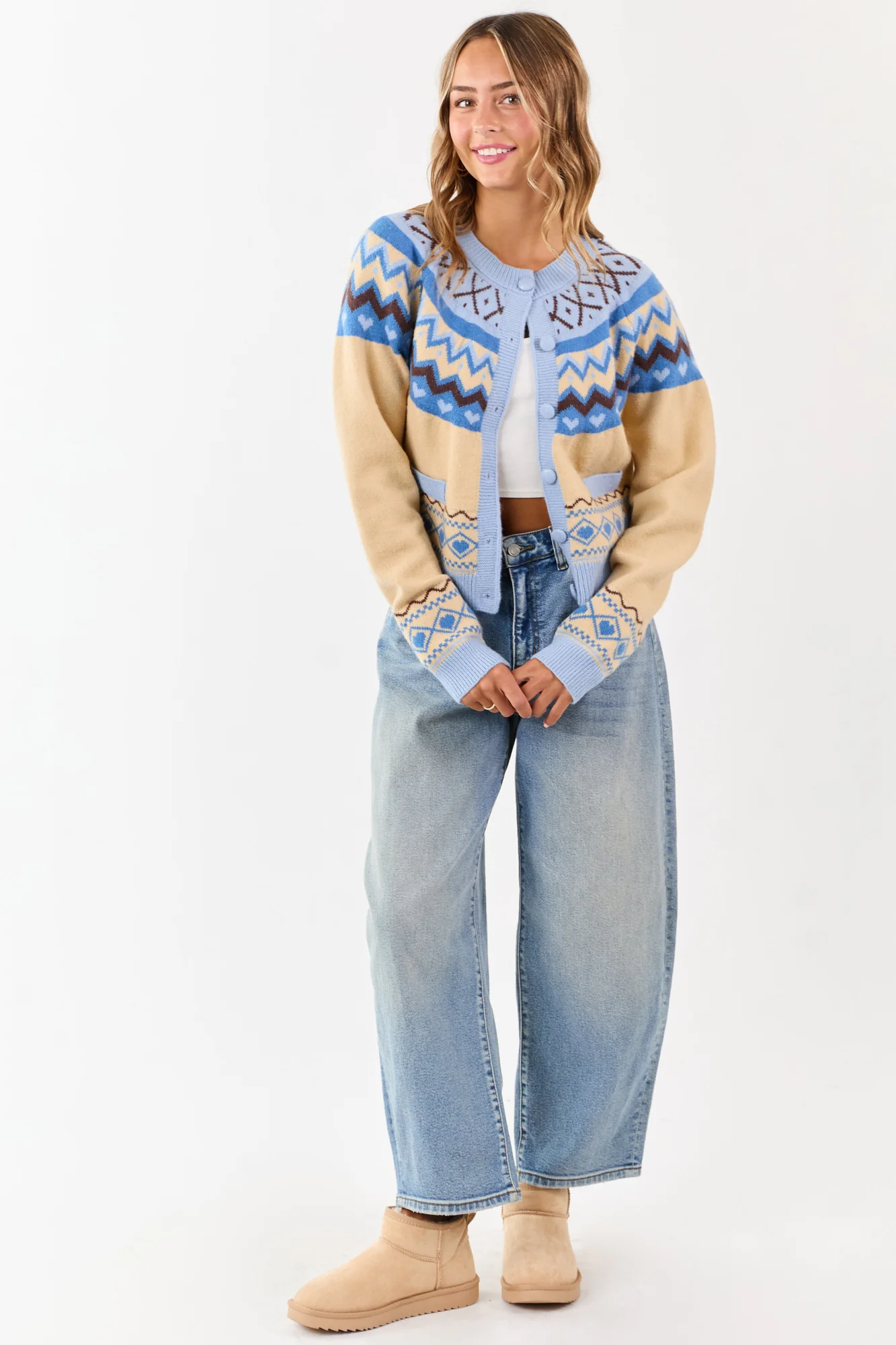 Cozy Cobalt Cream Fair Isle Heart Cardigan