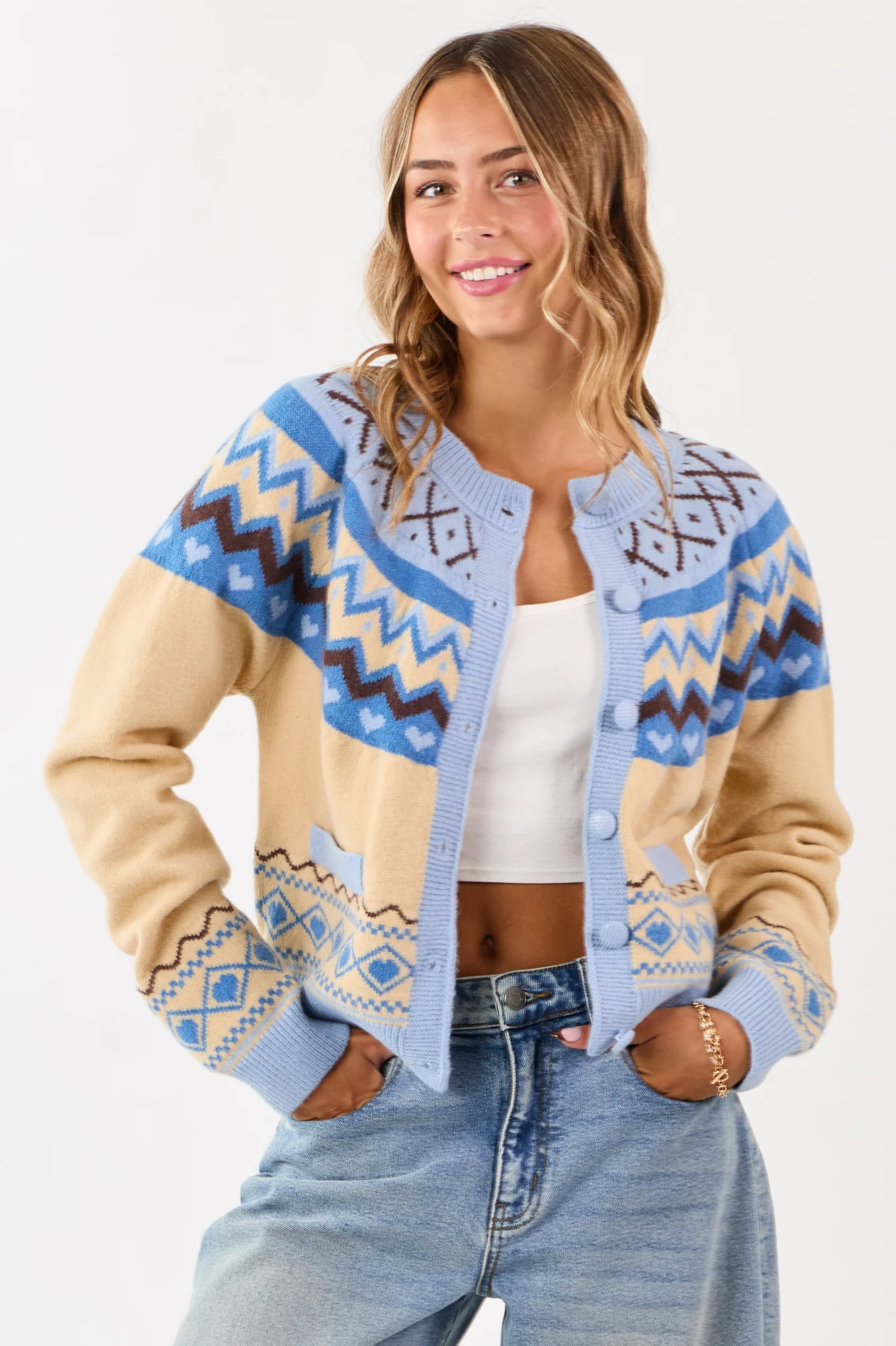 Cozy Cobalt Cream Fair Isle Heart Cardigan