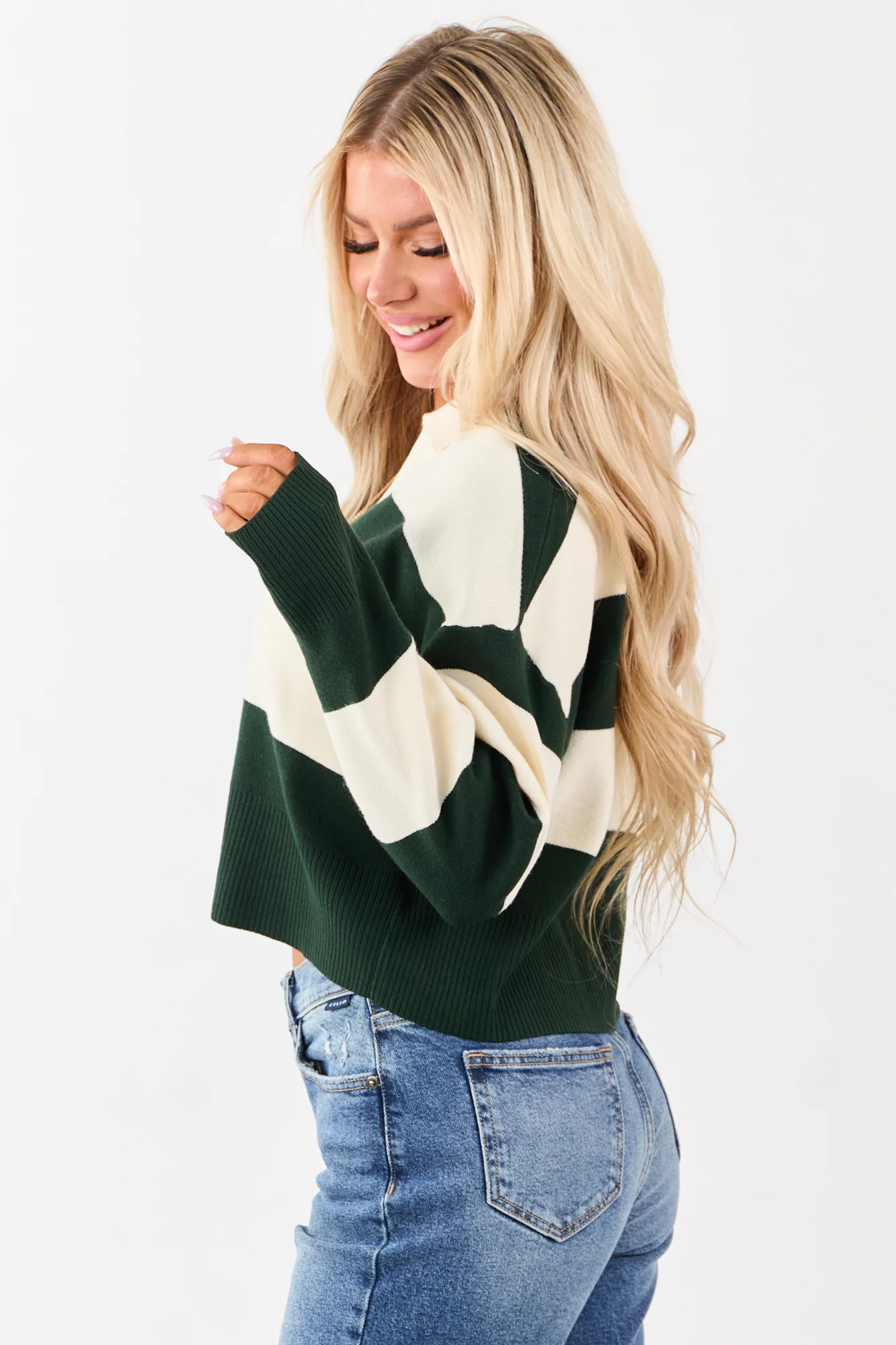 Green Striped Knit V-Neck Sweater