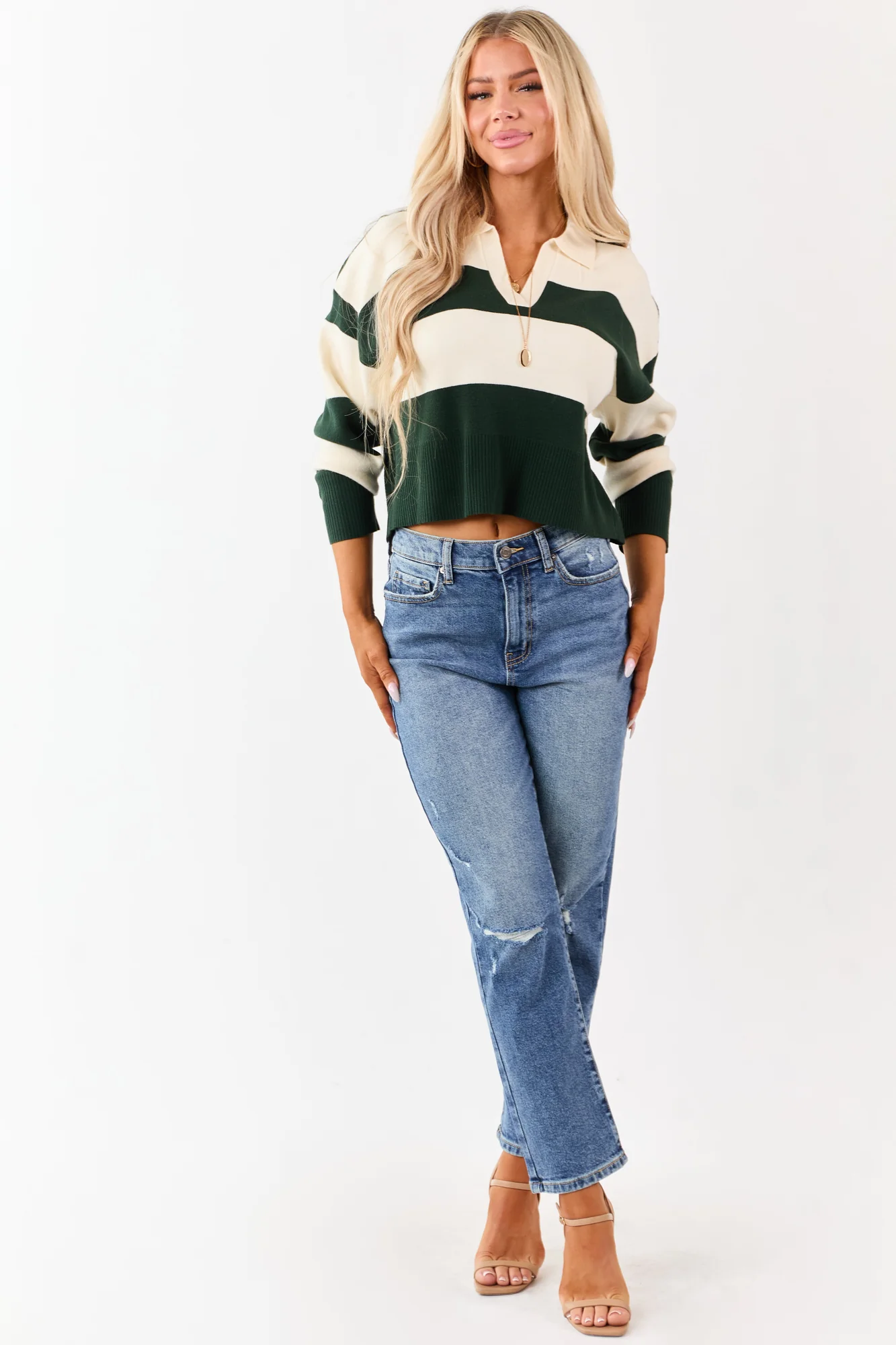 Green Striped Knit V-Neck Sweater