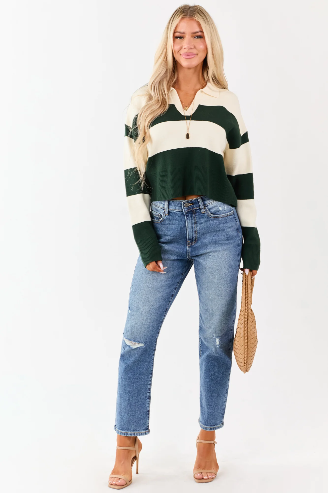 Green Striped Knit V-Neck Sweater