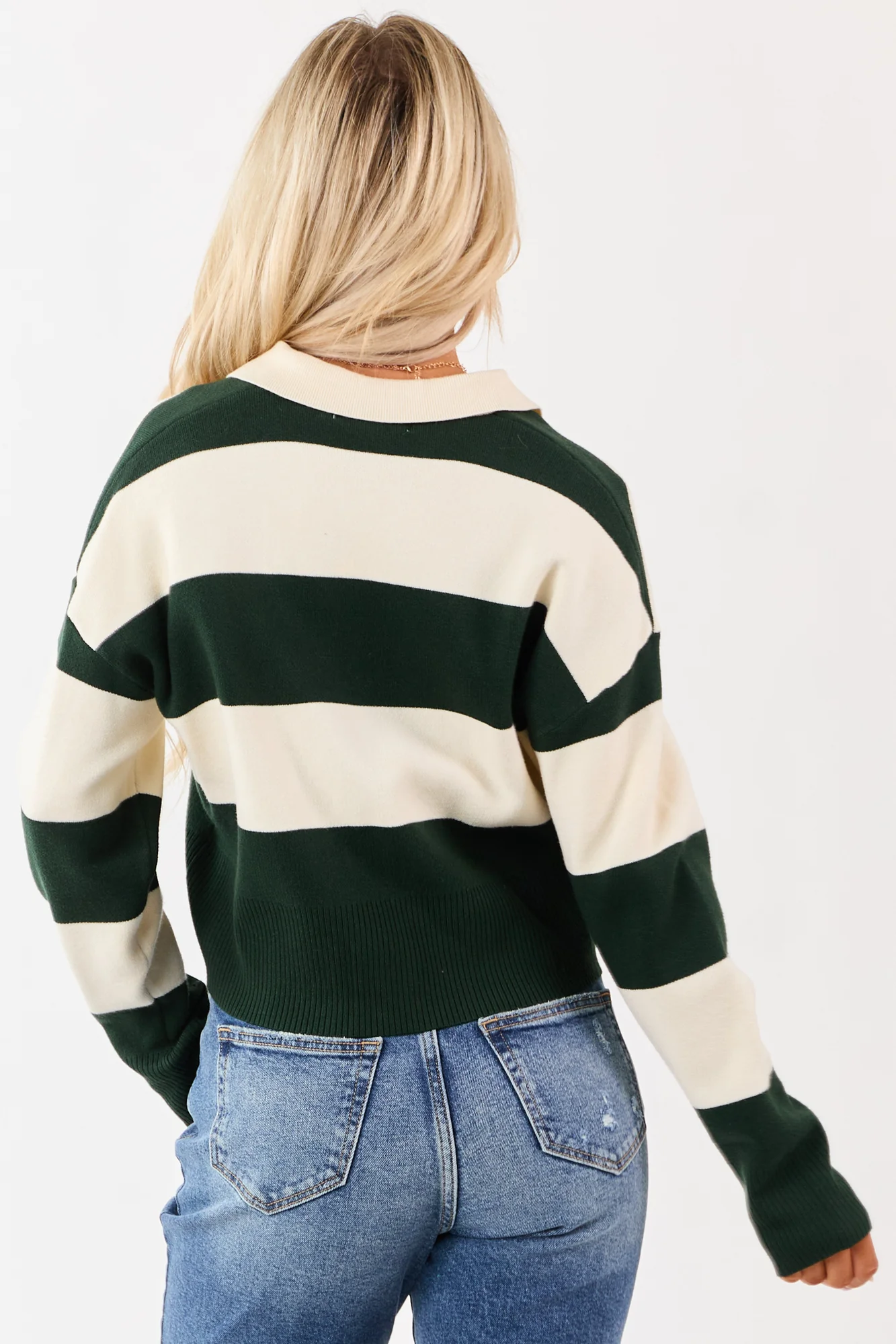 Green Striped Knit V-Neck Sweater