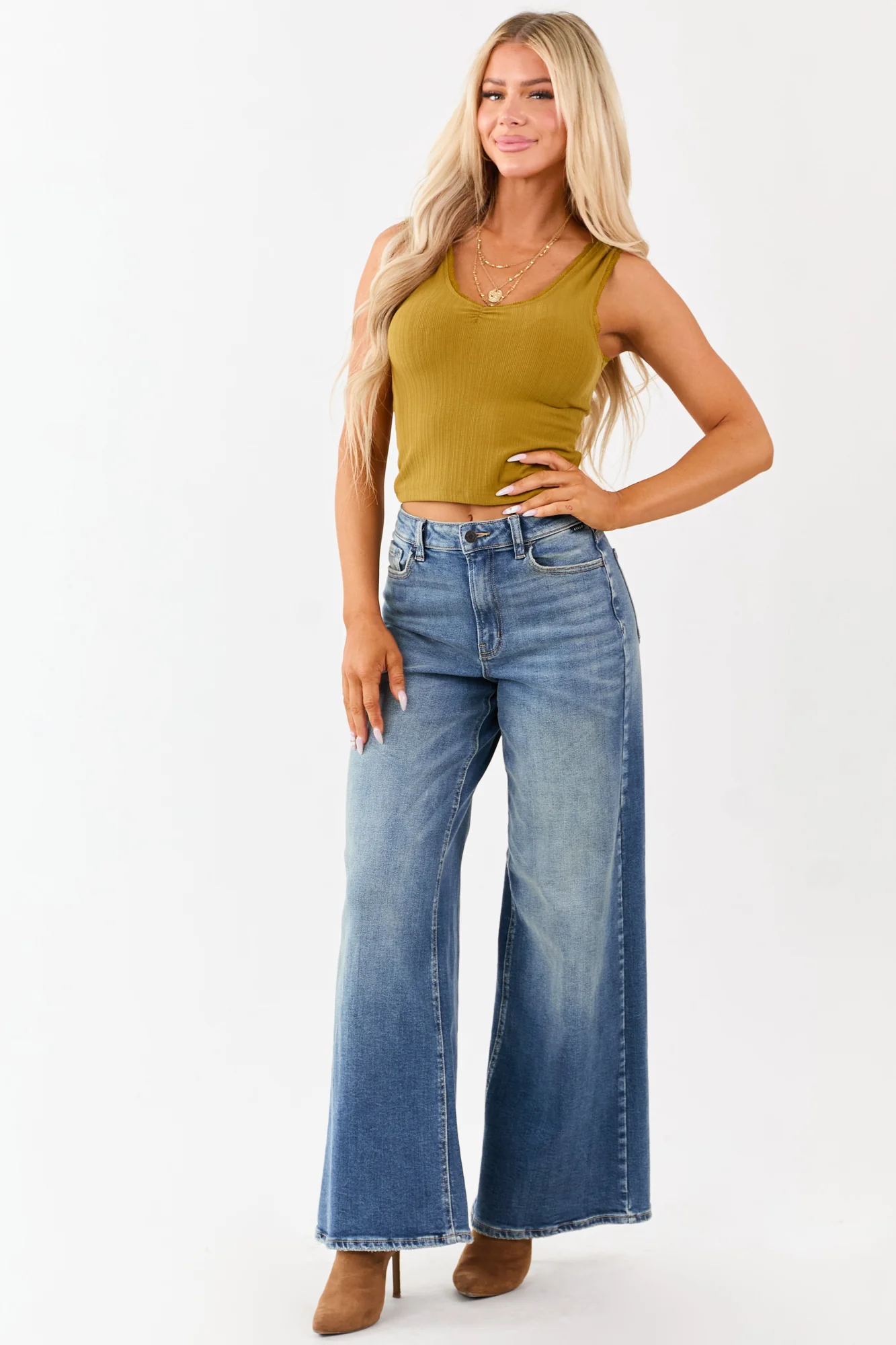 Mustard Lace Cropped Rib Knit Tank Top