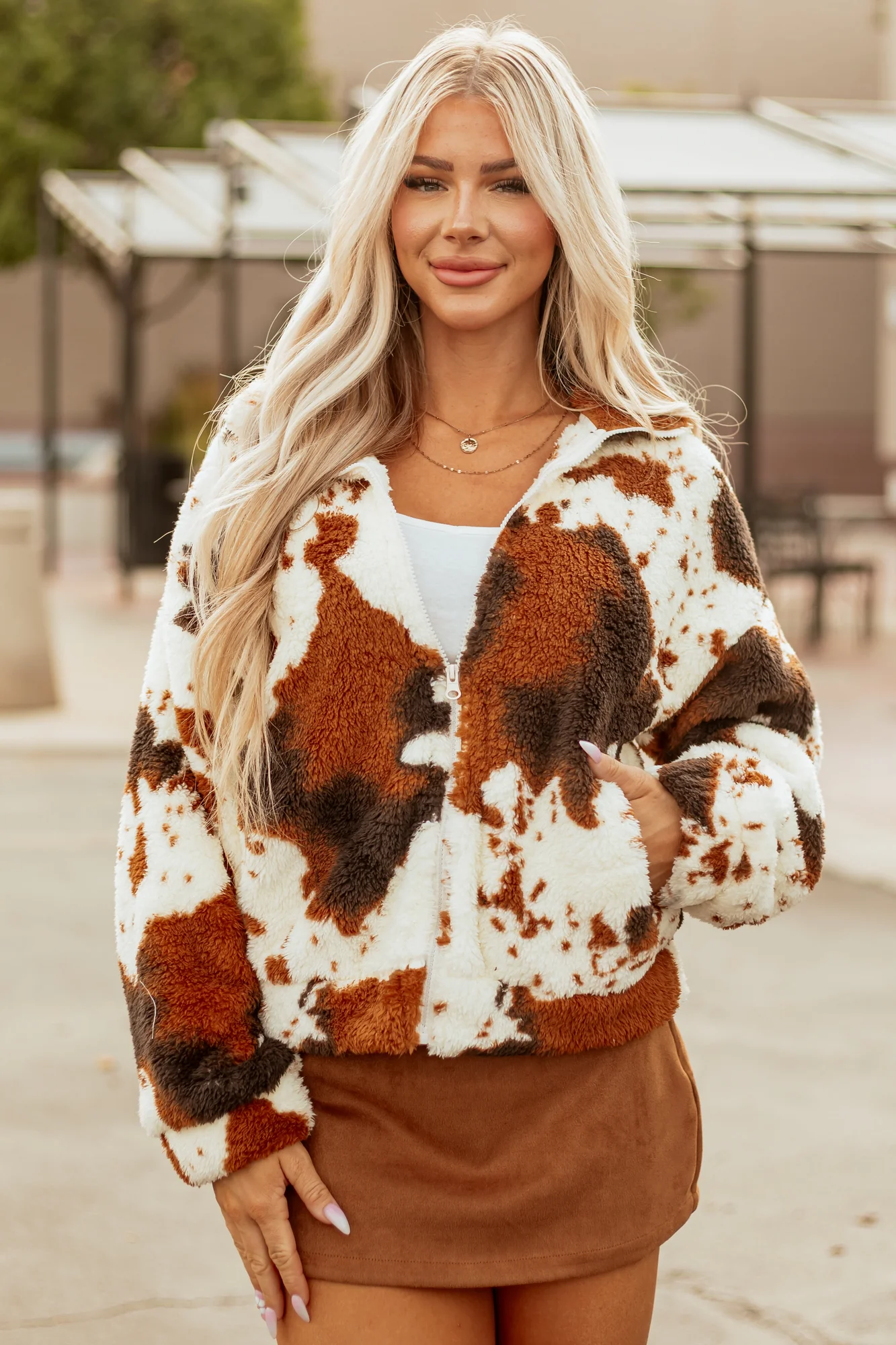 Cow Print Sherpa Zip-Up Jacket in Cream