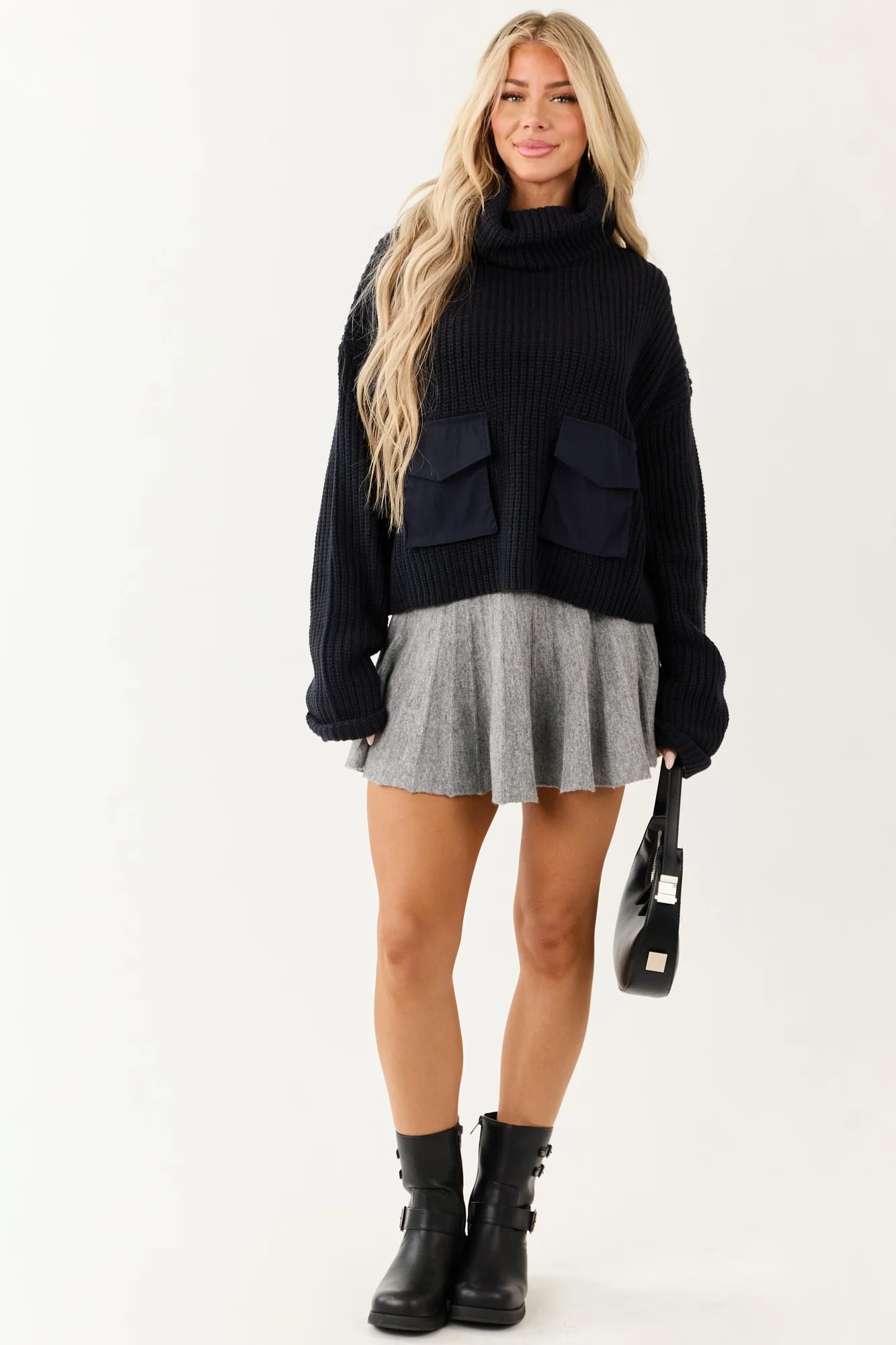 Navy Knit Cowl Neck Sweater with Cargo Pockets