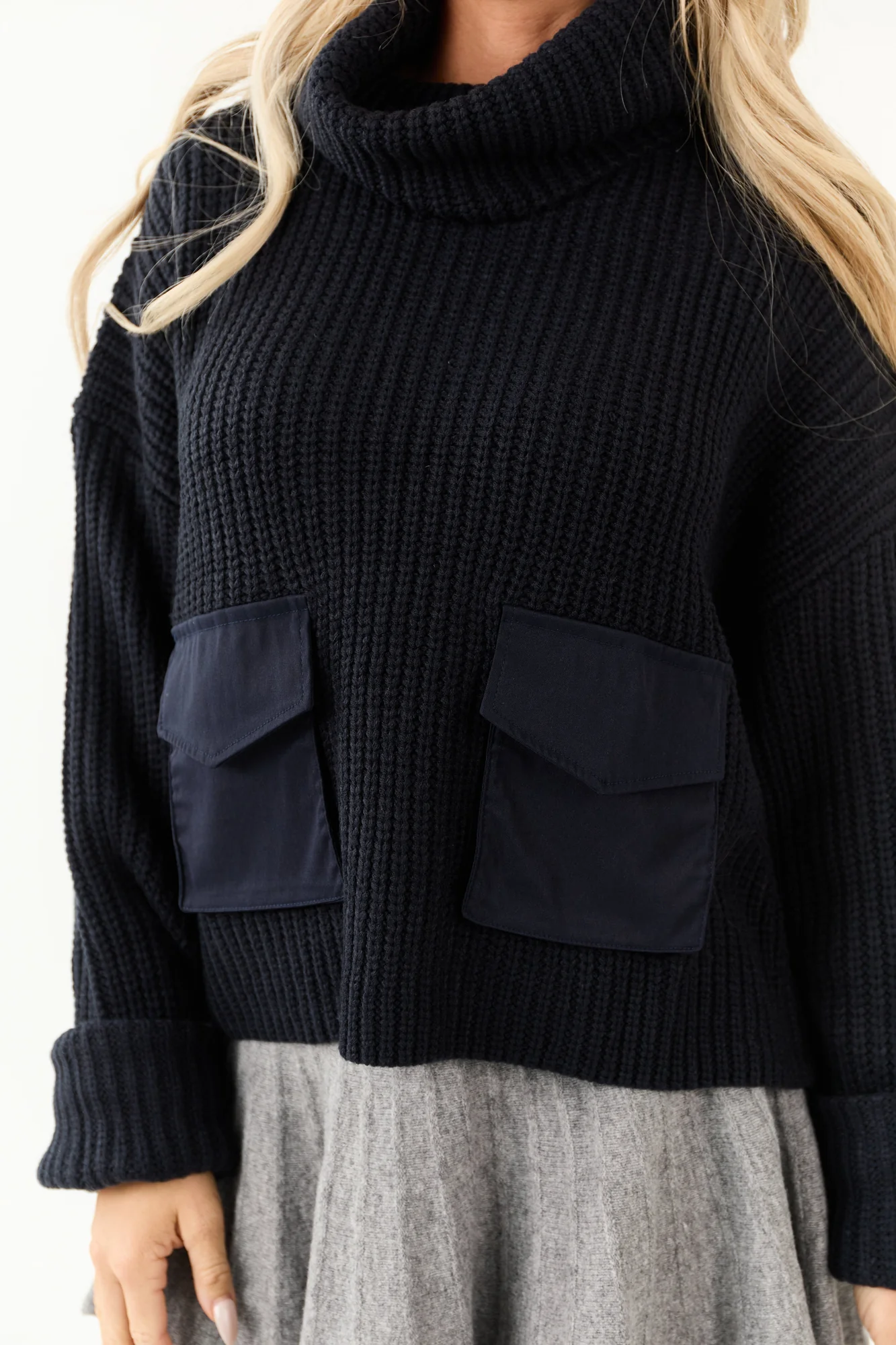 Navy Knit Cowl Neck Sweater with Cargo Pockets