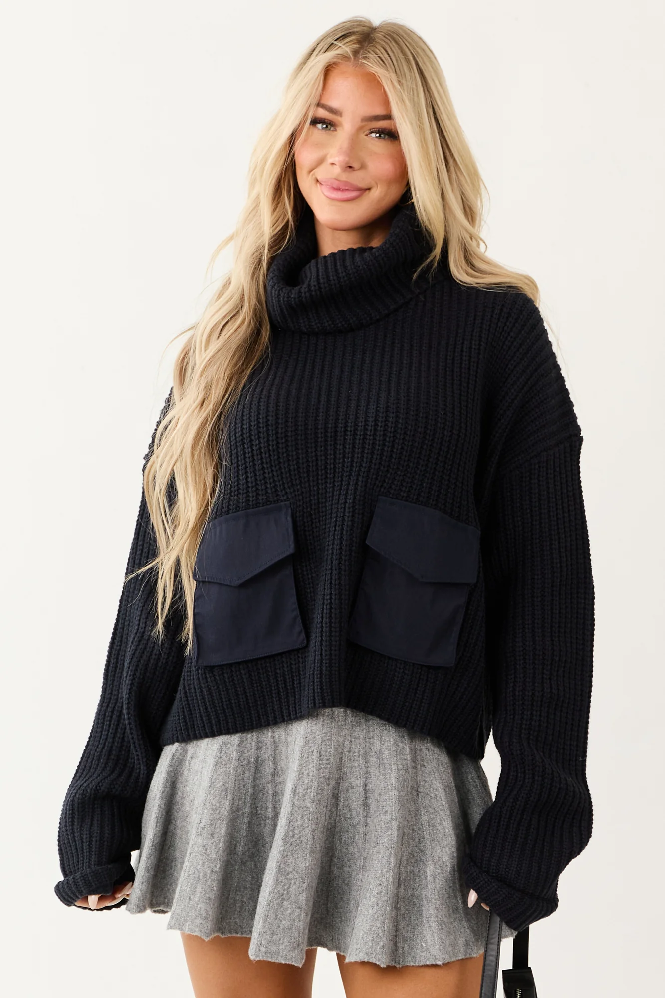 Navy Knit Cowl Neck Sweater with Cargo Pockets