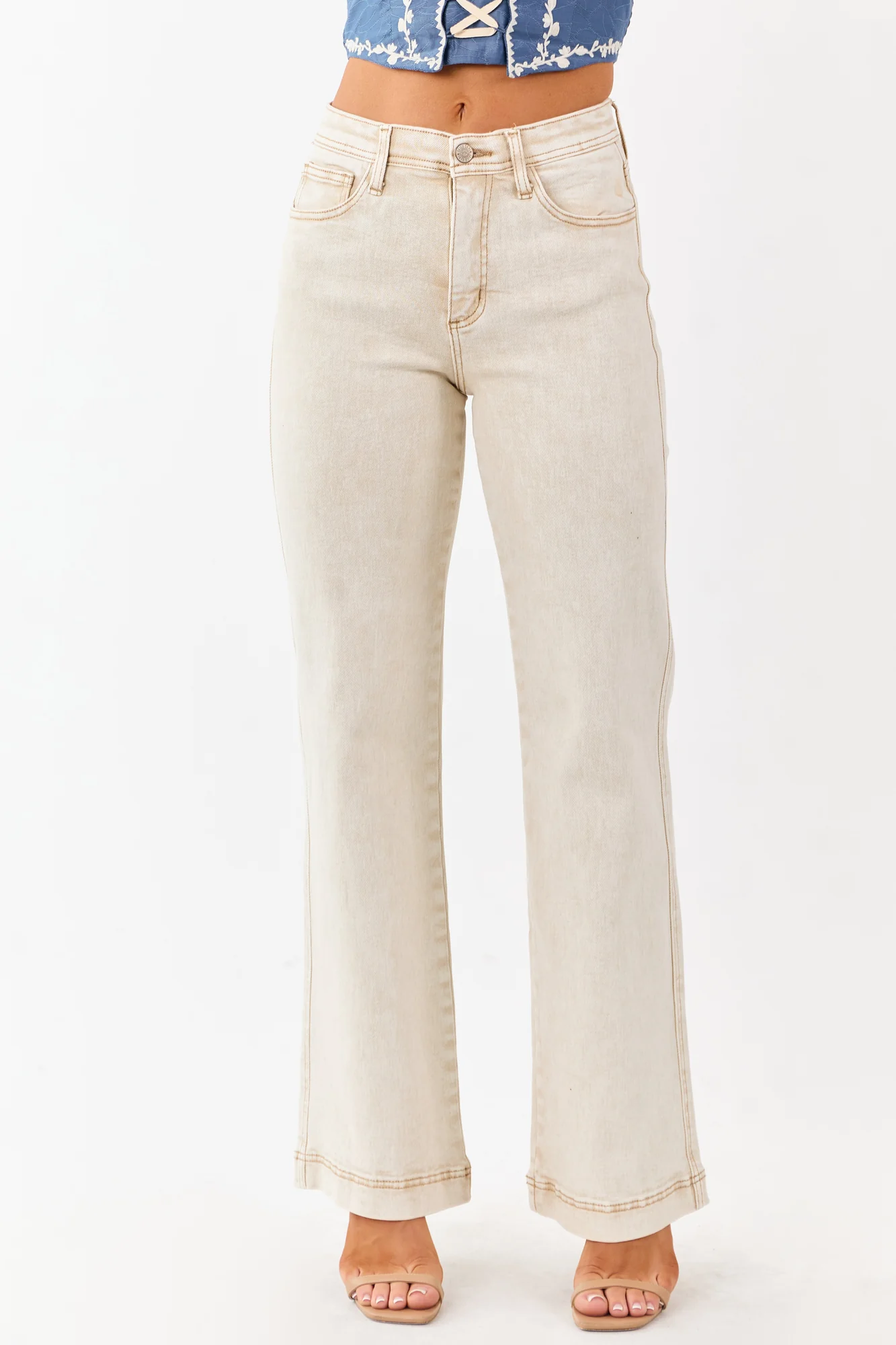 Neutral Washed Tummy Control High Rise Straight Jeans