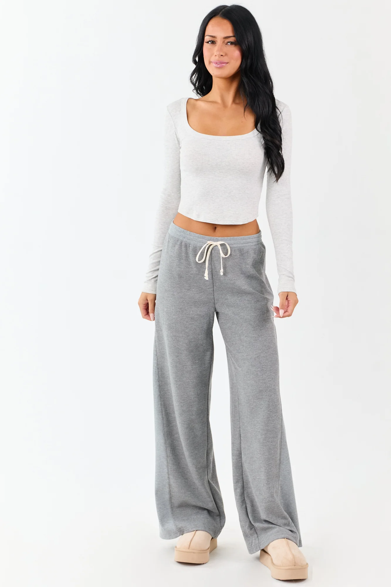 Grey Waffle Knit Wide Leg Drawstring Pants