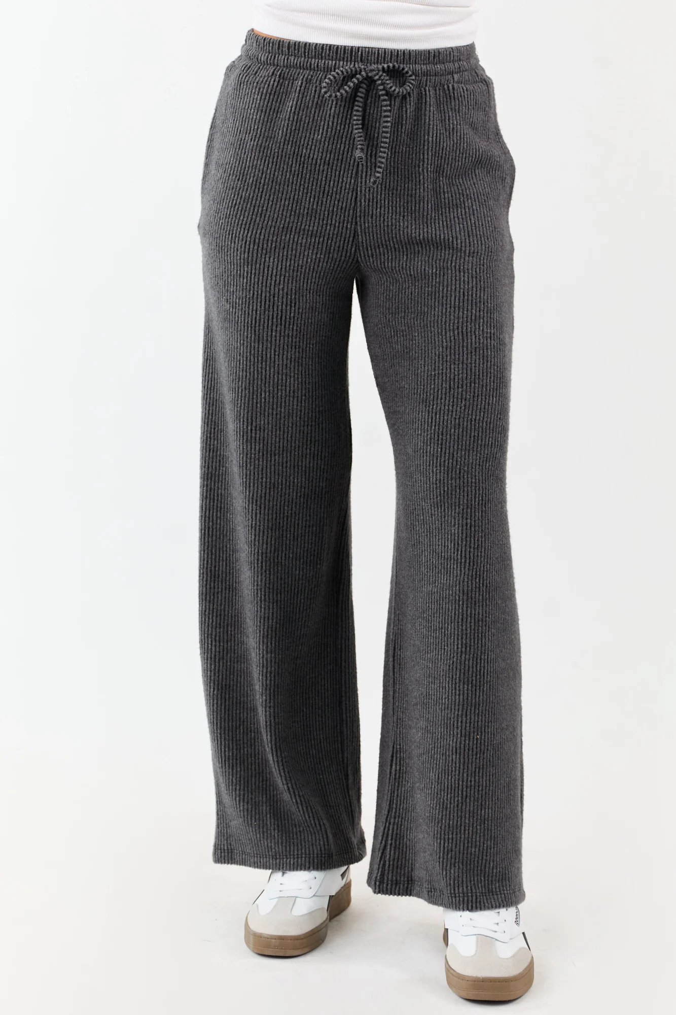 Charcoal Knit Wide Leg Drawstring Pants for Women