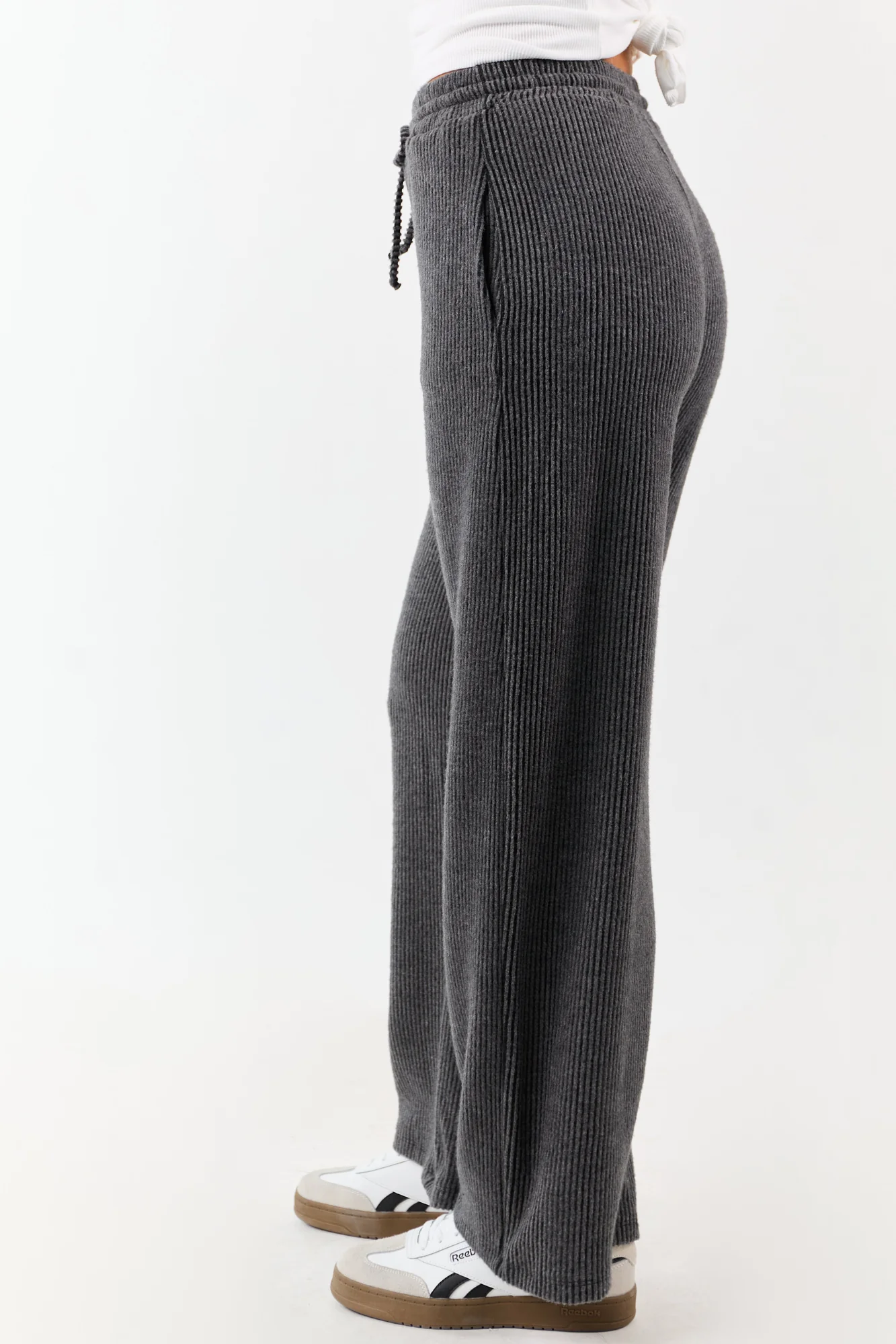 Charcoal Knit Wide Leg Drawstring Pants for Women