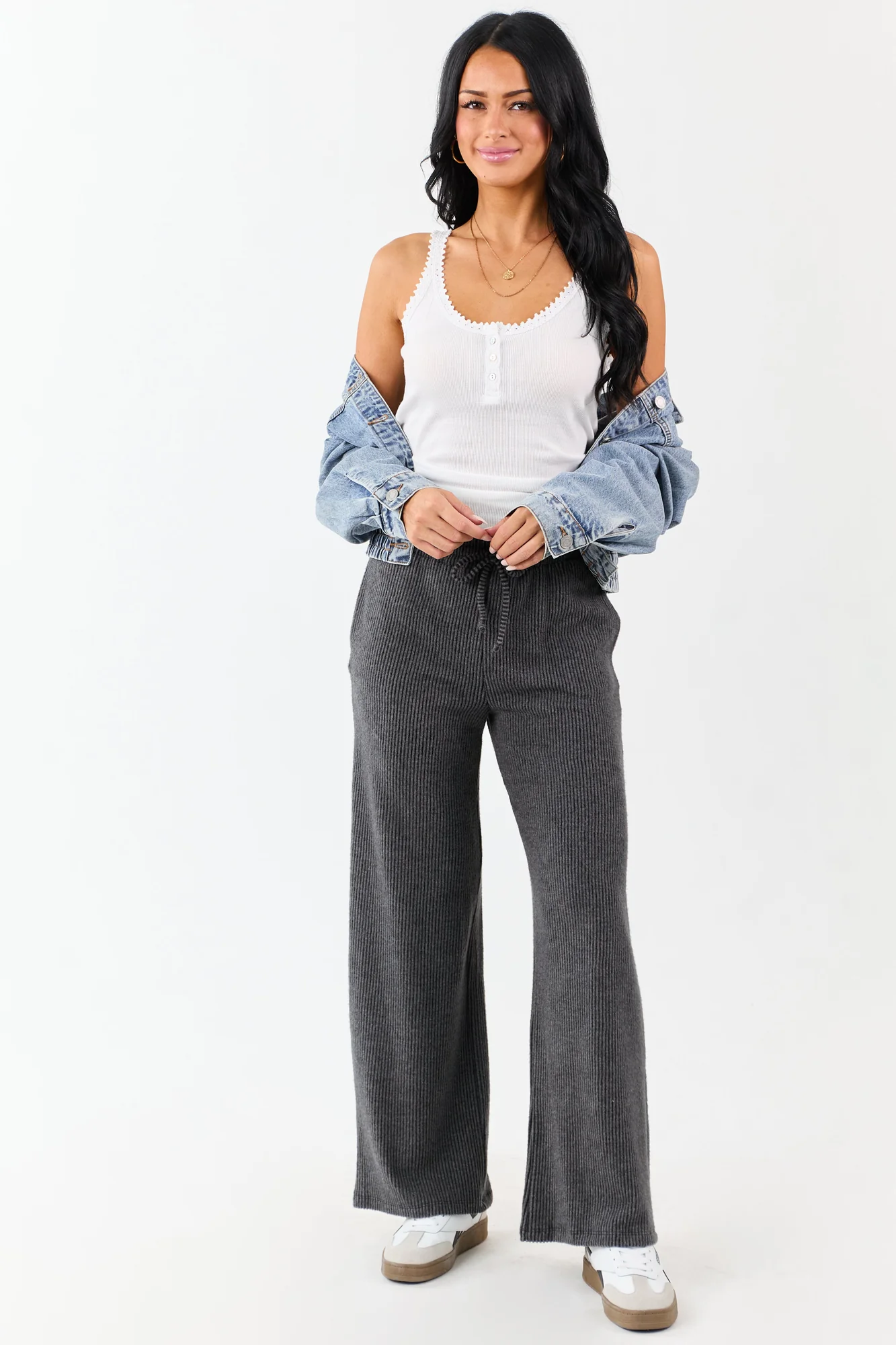Charcoal Knit Wide Leg Drawstring Pants for Women