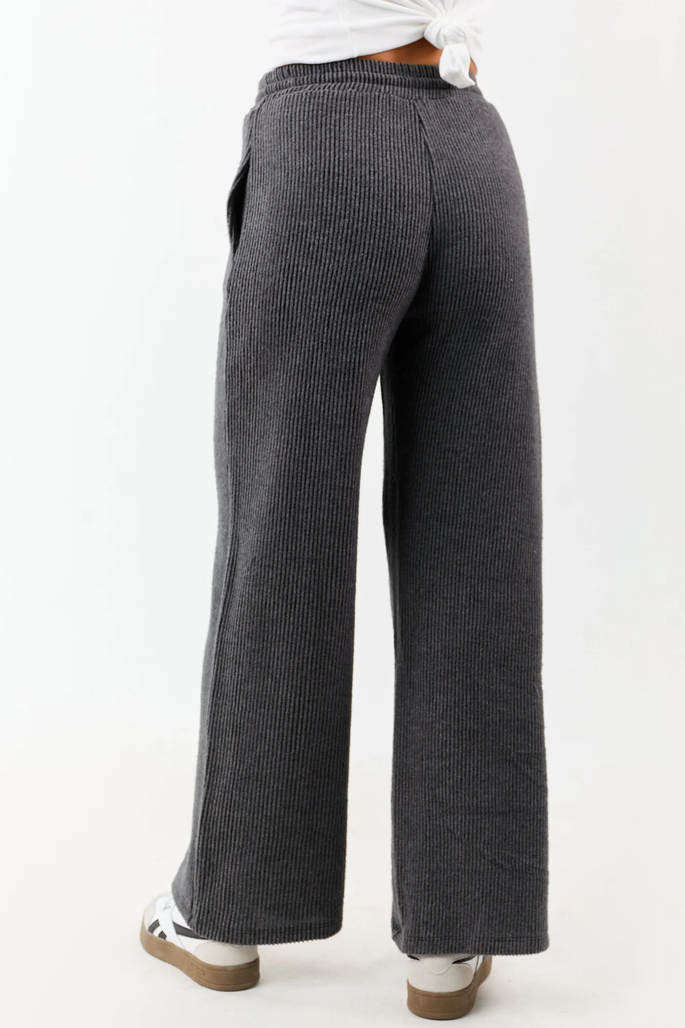 Charcoal Knit Wide Leg Drawstring Pants for Women