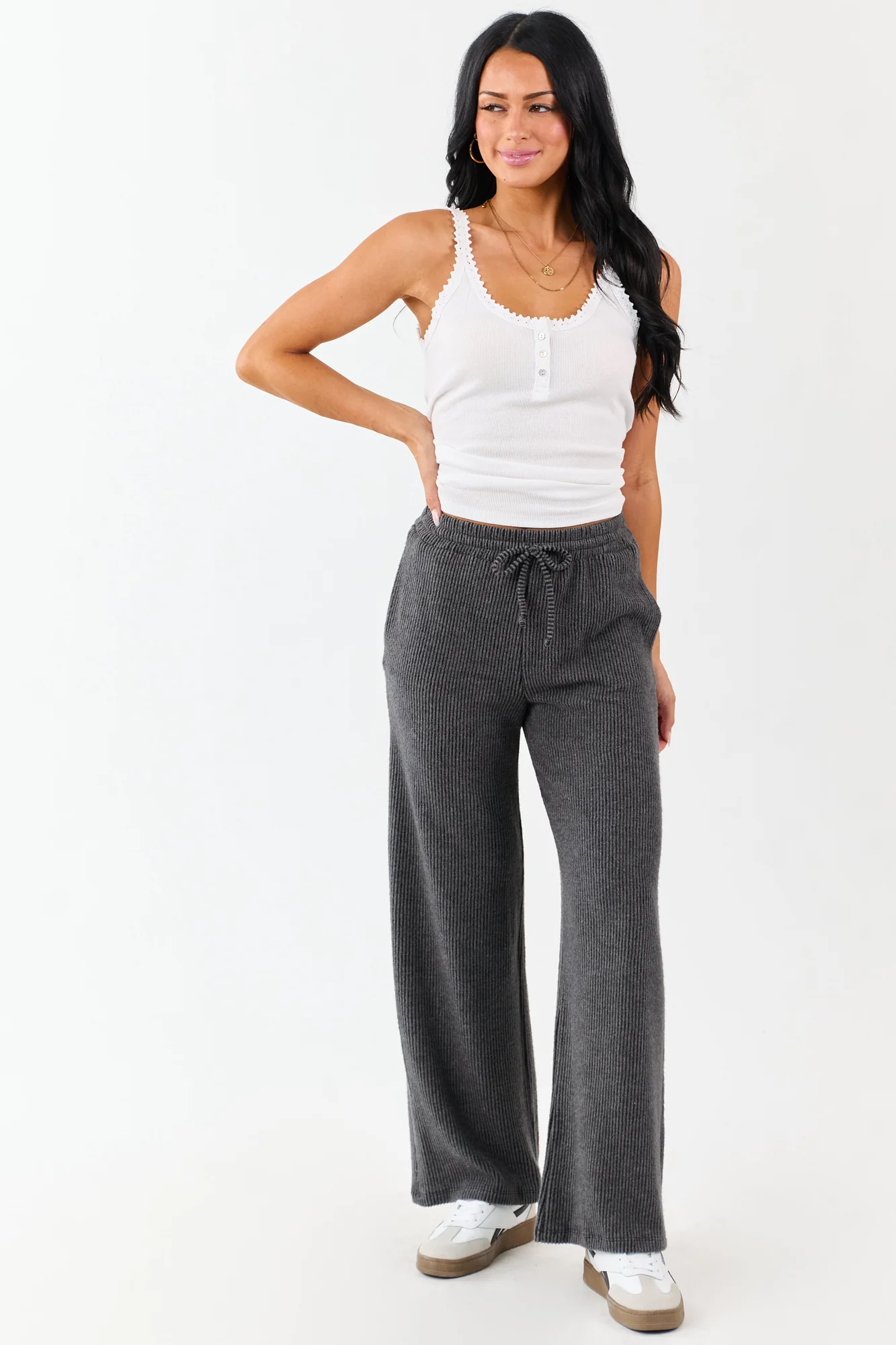Charcoal Knit Wide Leg Drawstring Pants for Women
