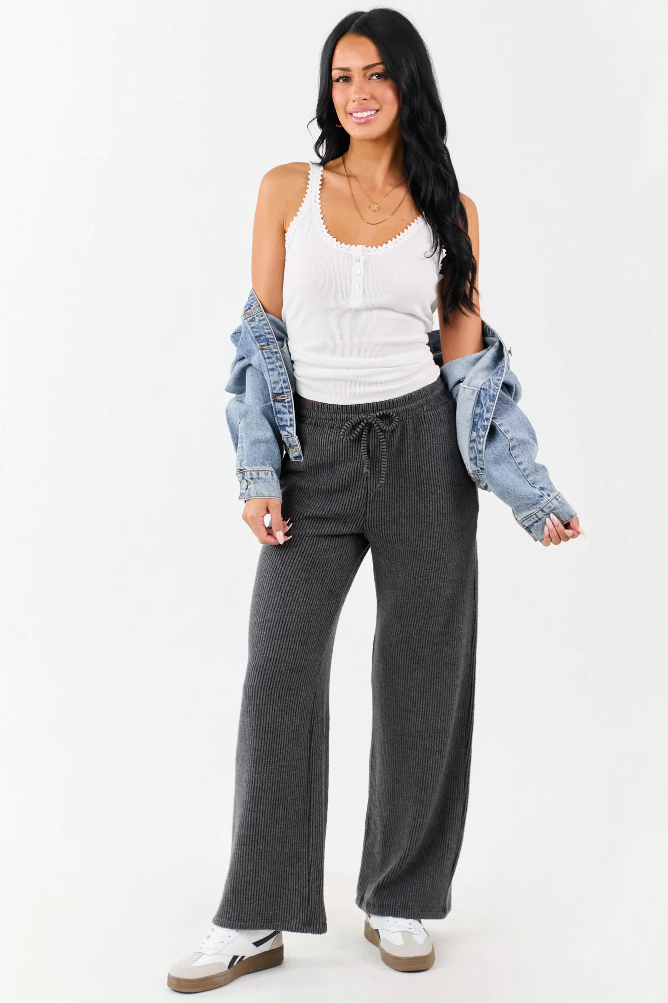 Charcoal Knit Wide Leg Drawstring Pants for Women