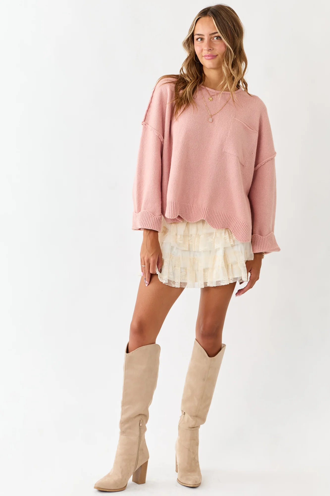 Cherry Blossom Scallop Trim Knit Sweater
