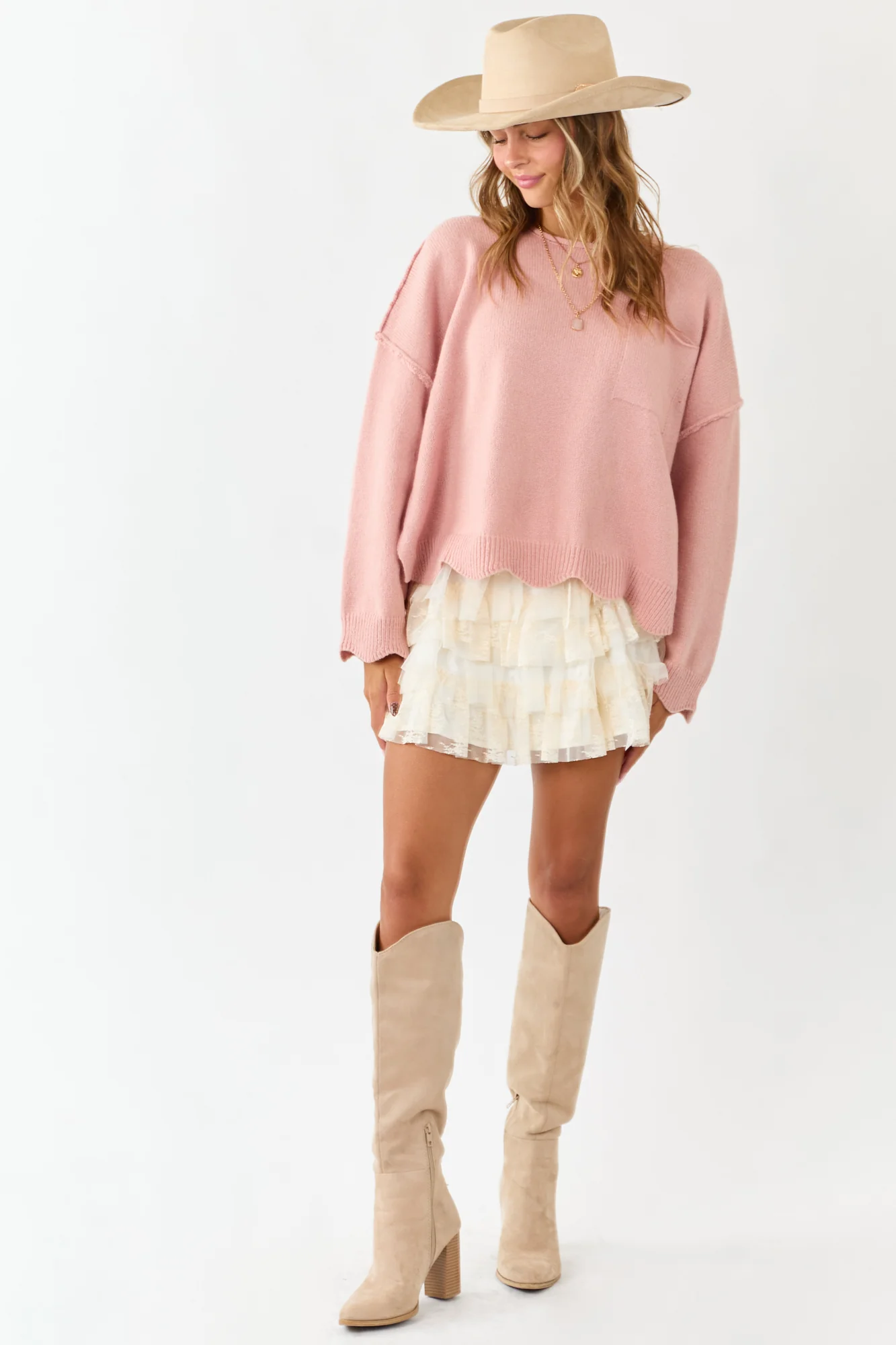 Cherry Blossom Scallop Trim Knit Sweater
