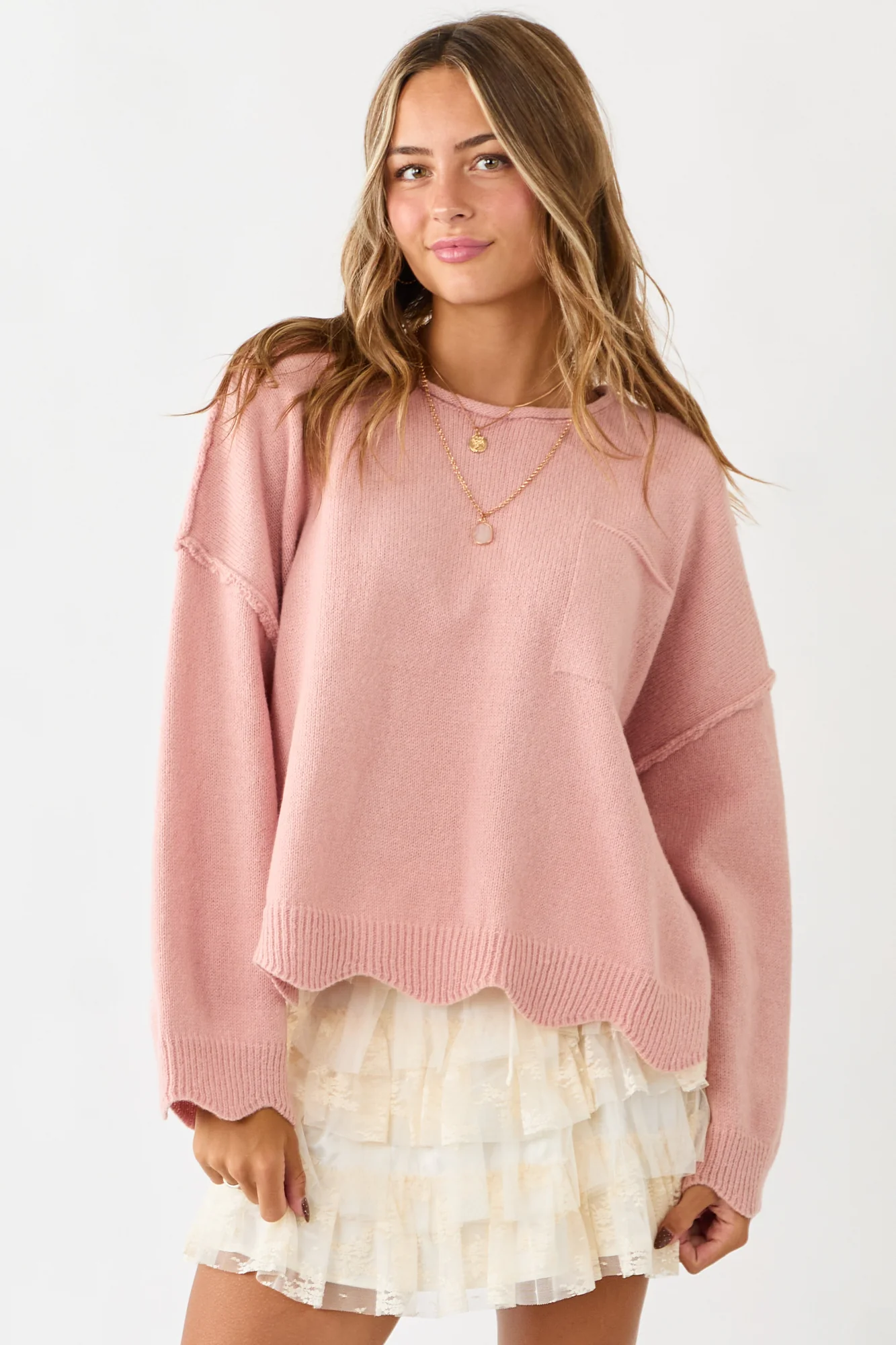 Cherry Blossom Scallop Trim Knit Sweater