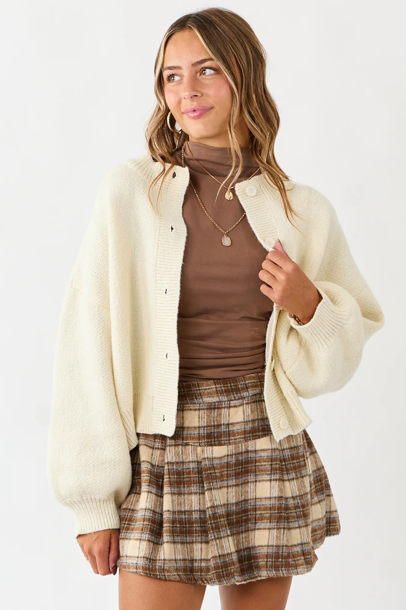 Cream Button Down Cardigan with Puff Sleeves
