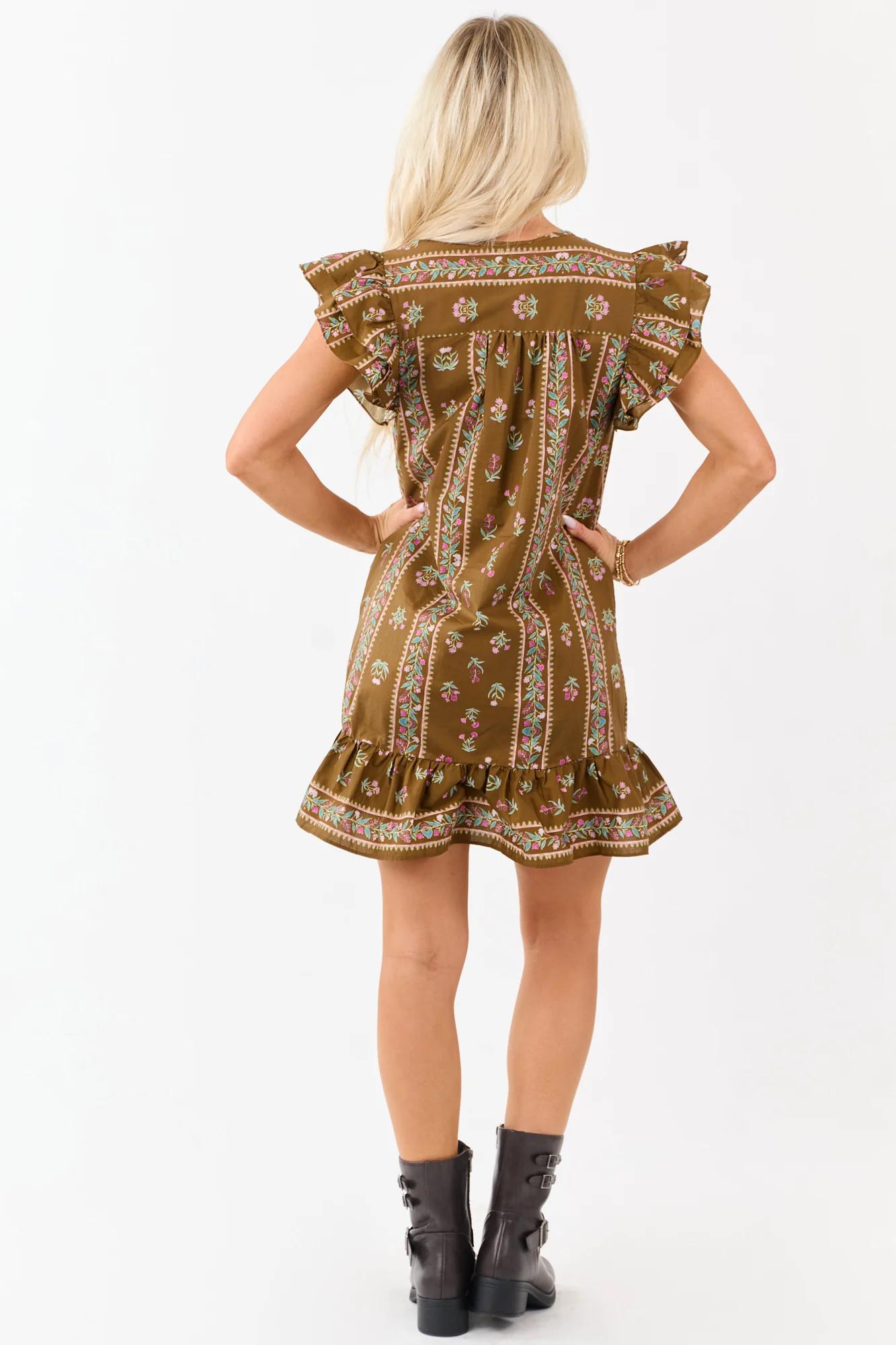 Floral Print Ruffle Sleeve Mini Dress in Cotton Fabric