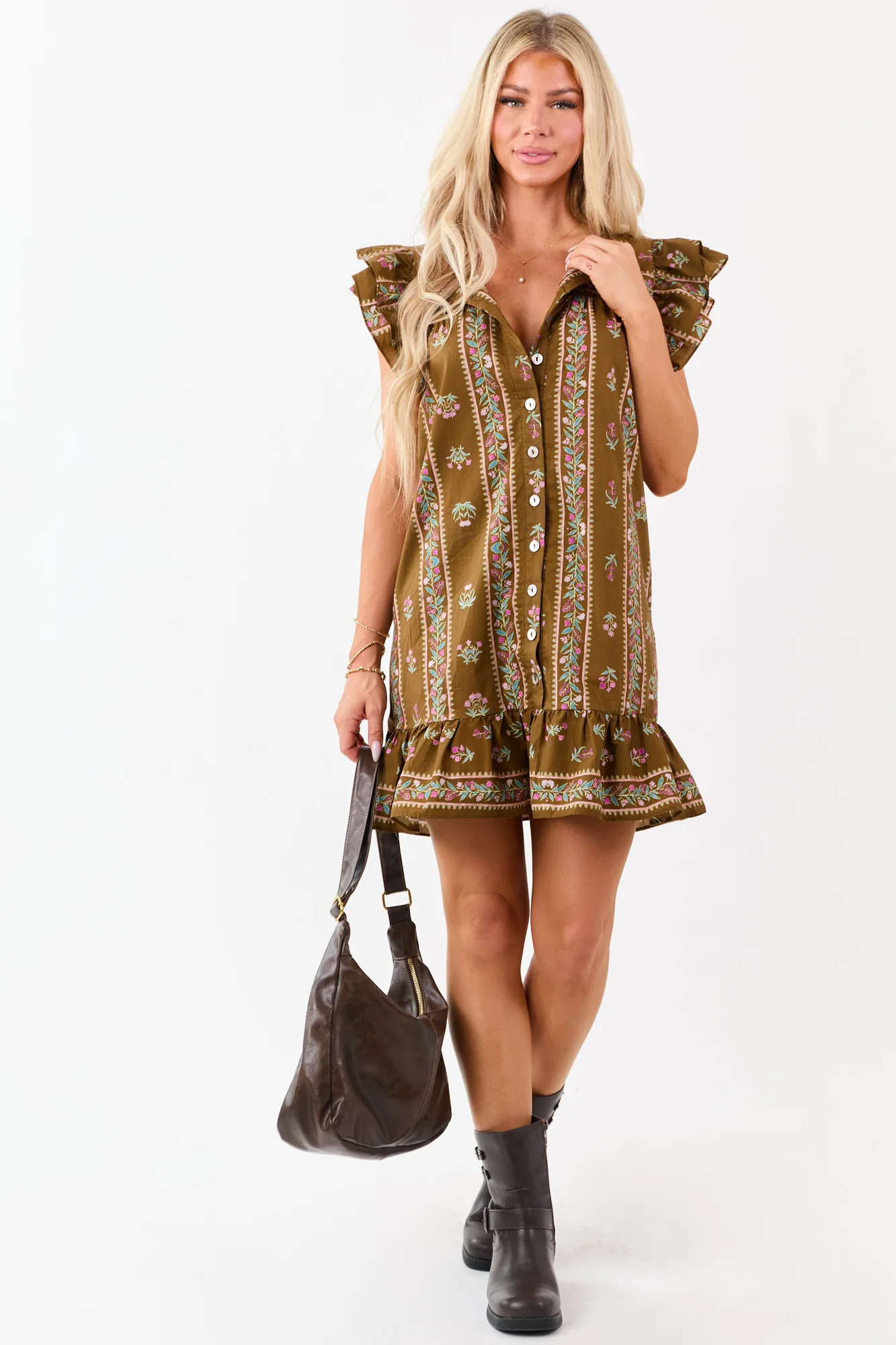 Floral Print Ruffle Sleeve Mini Dress in Cotton Fabric