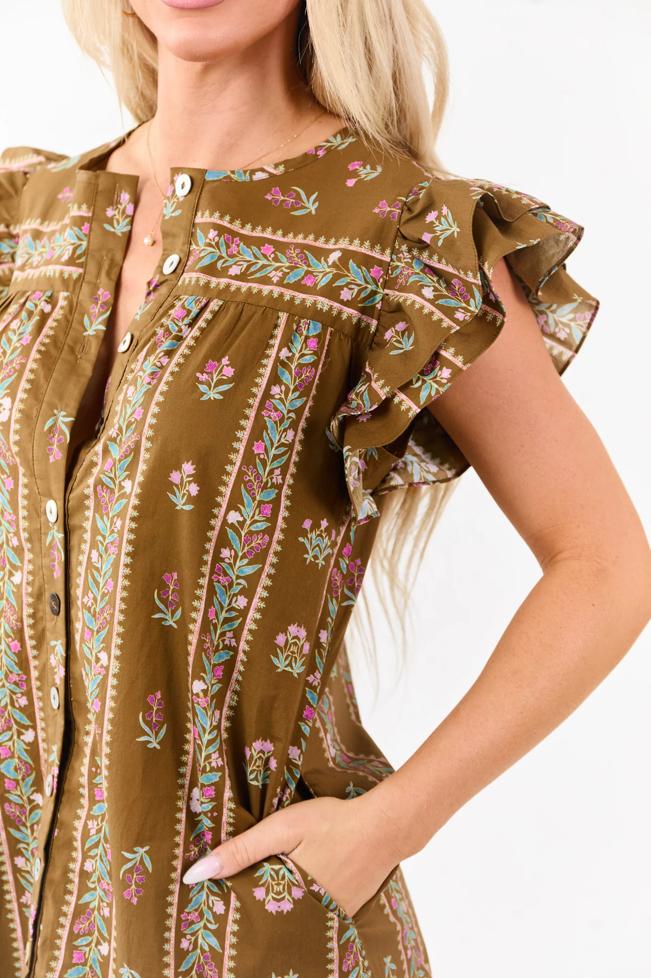 Floral Print Ruffle Sleeve Mini Dress in Cotton Fabric