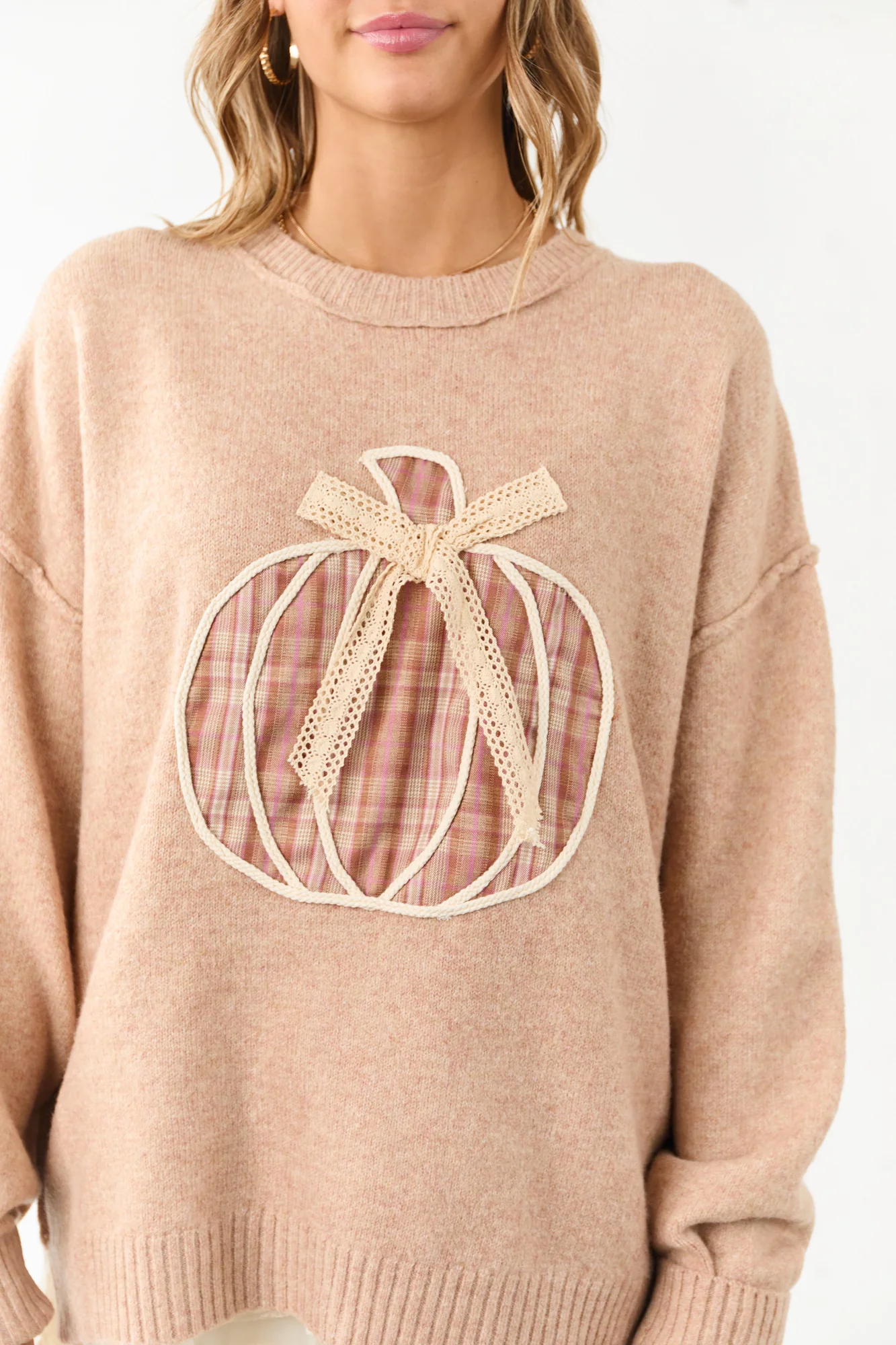 Cozy Latte Braided Pumpkin Knit Sweater