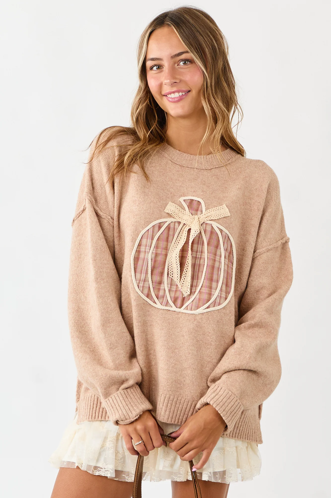 Cozy Latte Braided Pumpkin Knit Sweater