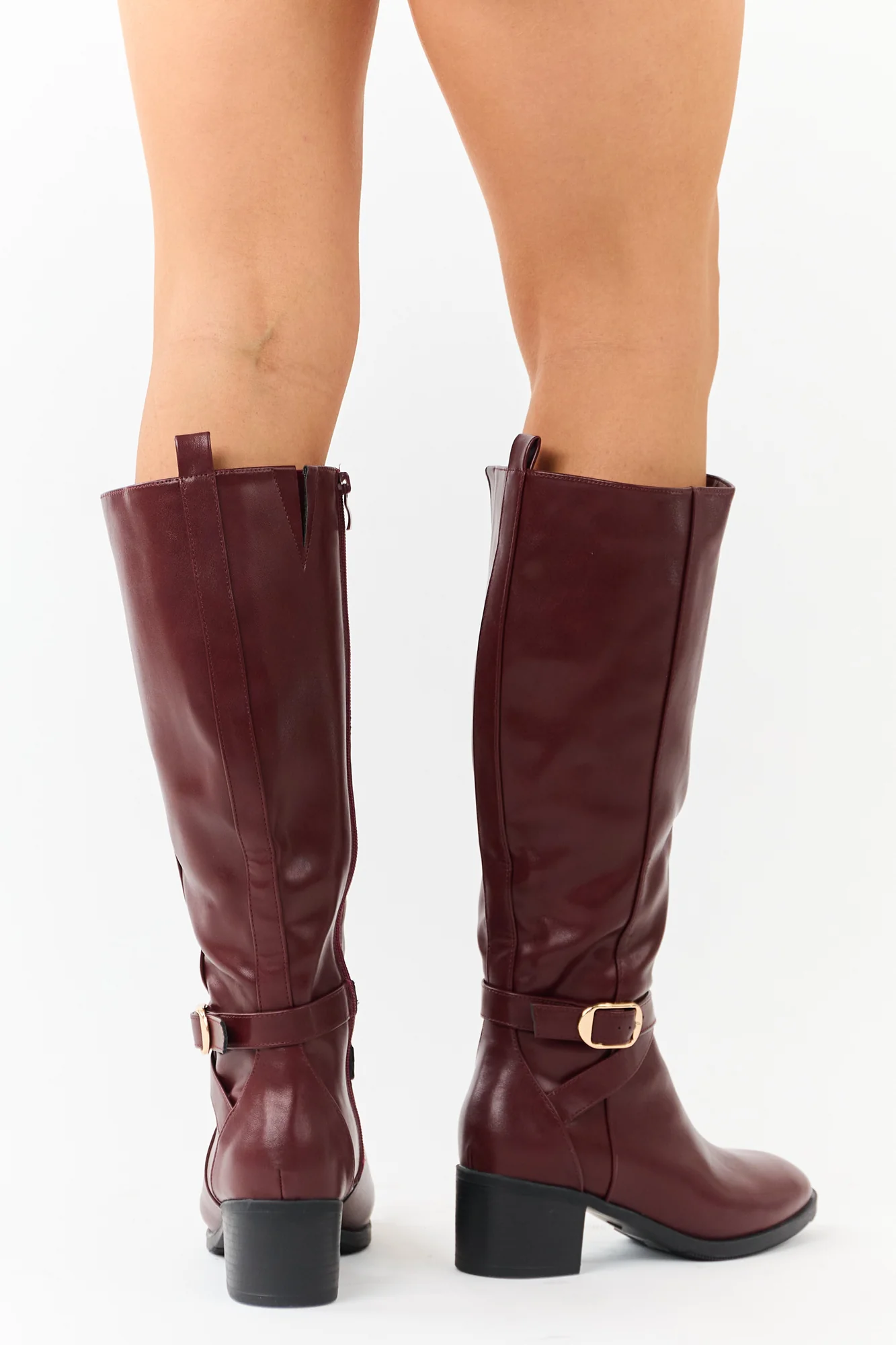Mahogany Knee High Block Heel Boots with Buckle Straps