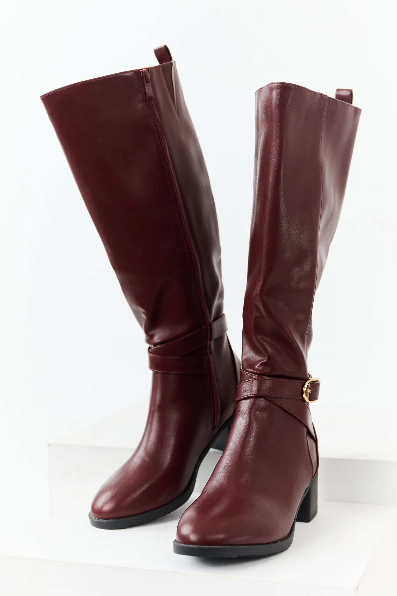 Mahogany Knee High Block Heel Boots with Buckle Straps