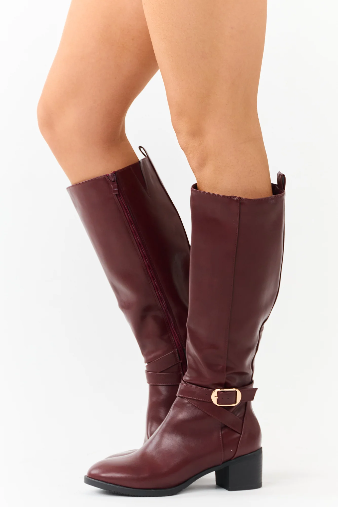 Mahogany Knee High Block Heel Boots with Buckle Straps