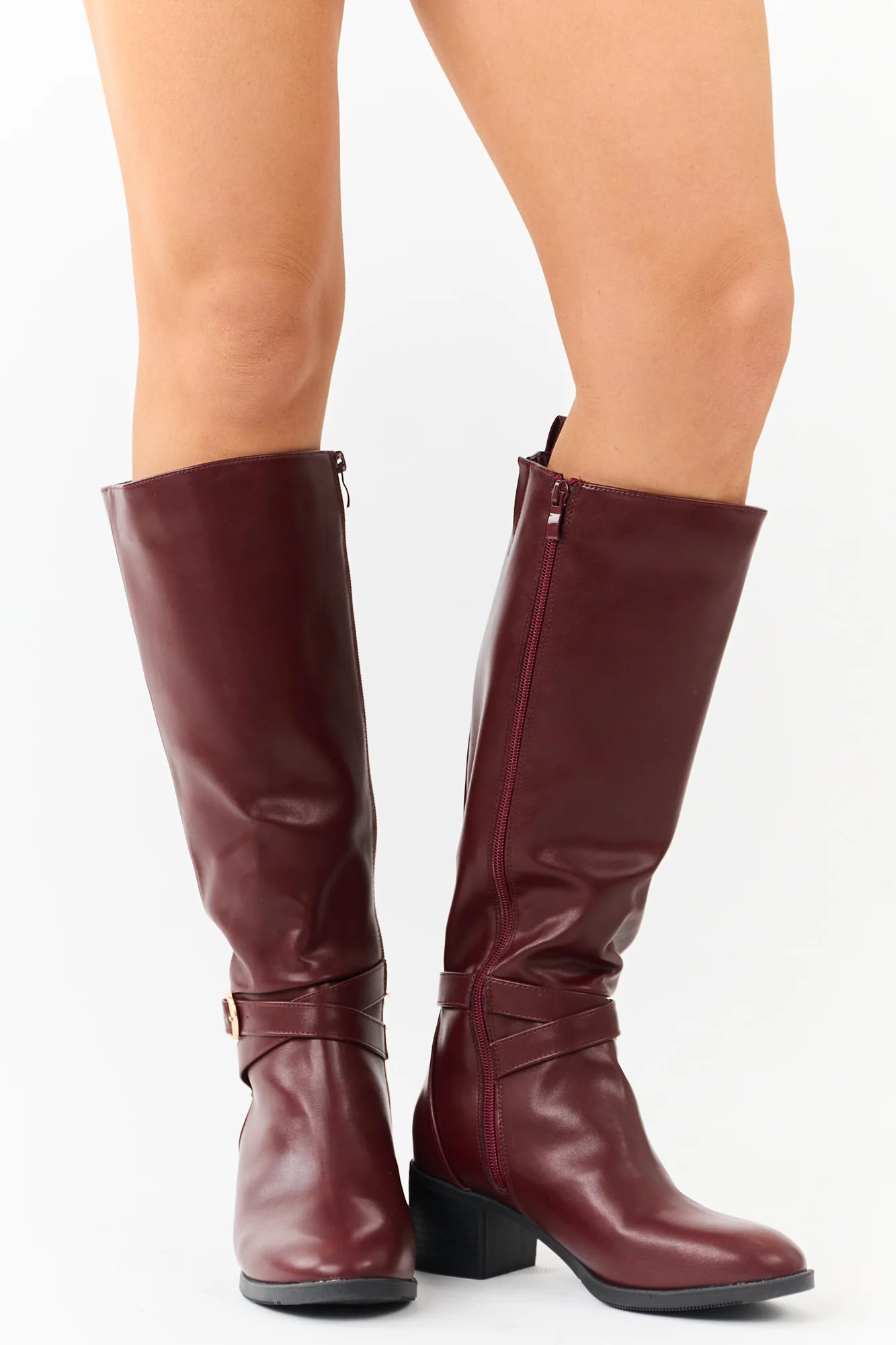 Mahogany Knee High Block Heel Boots with Buckle Straps