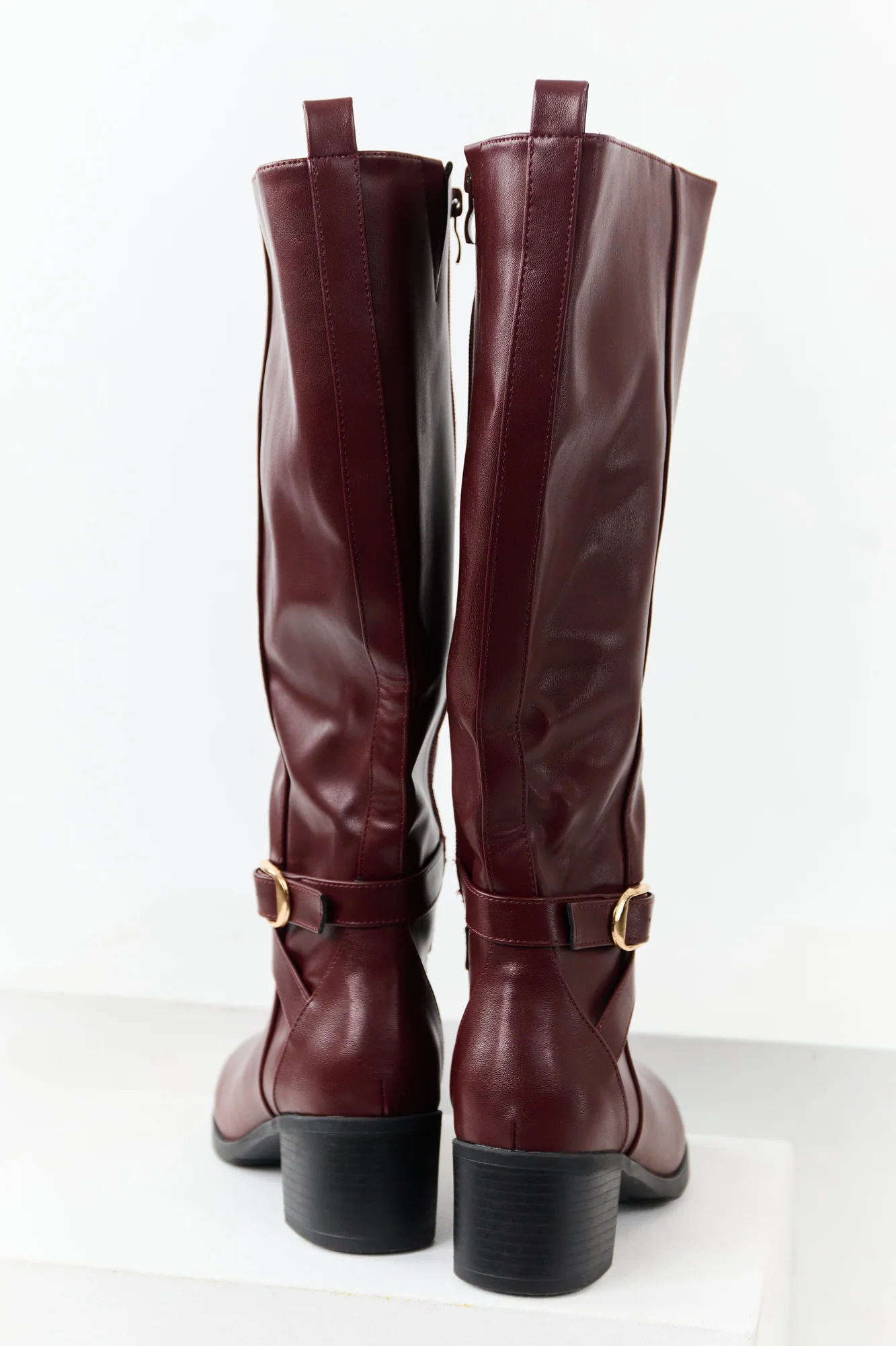 Mahogany Knee High Block Heel Boots with Buckle Straps