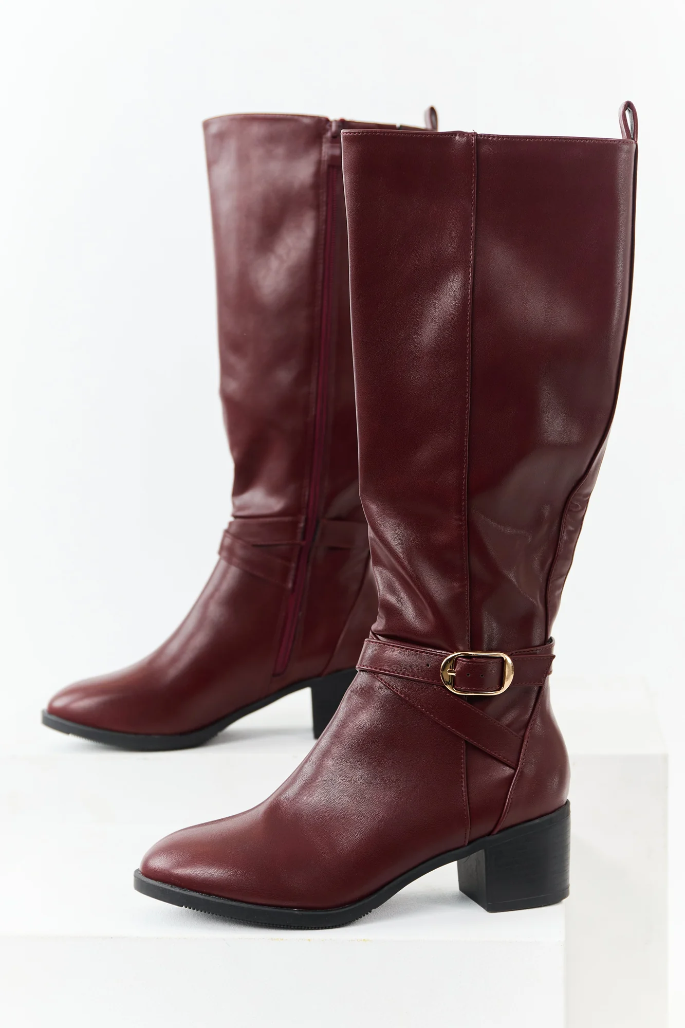Mahogany Knee High Block Heel Boots with Buckle Straps