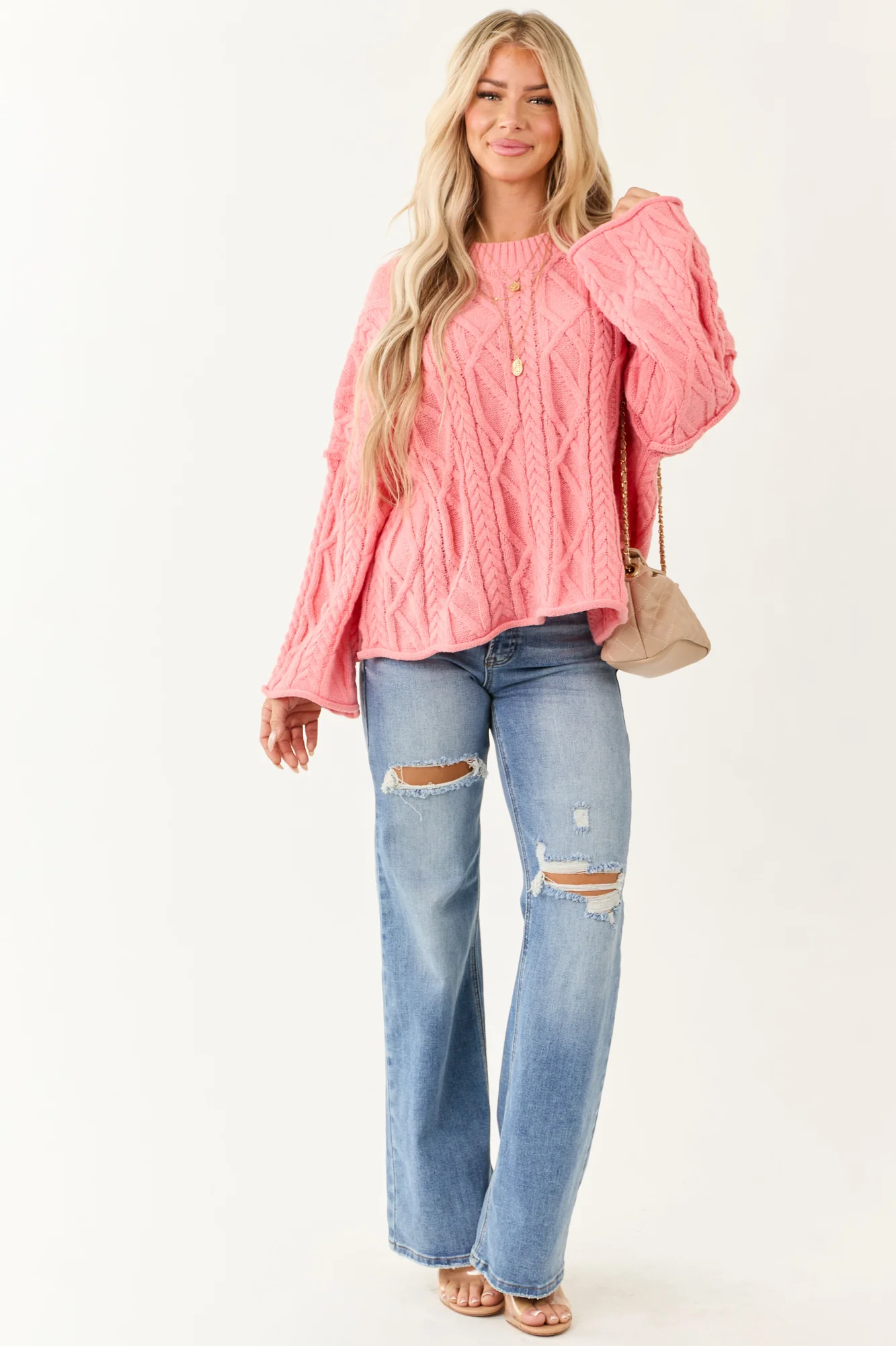 Cozy Pink Cable Knit Oversized Sweater