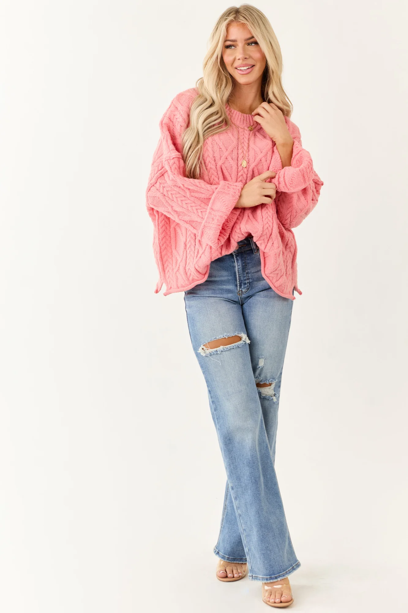 Cozy Pink Cable Knit Oversized Sweater