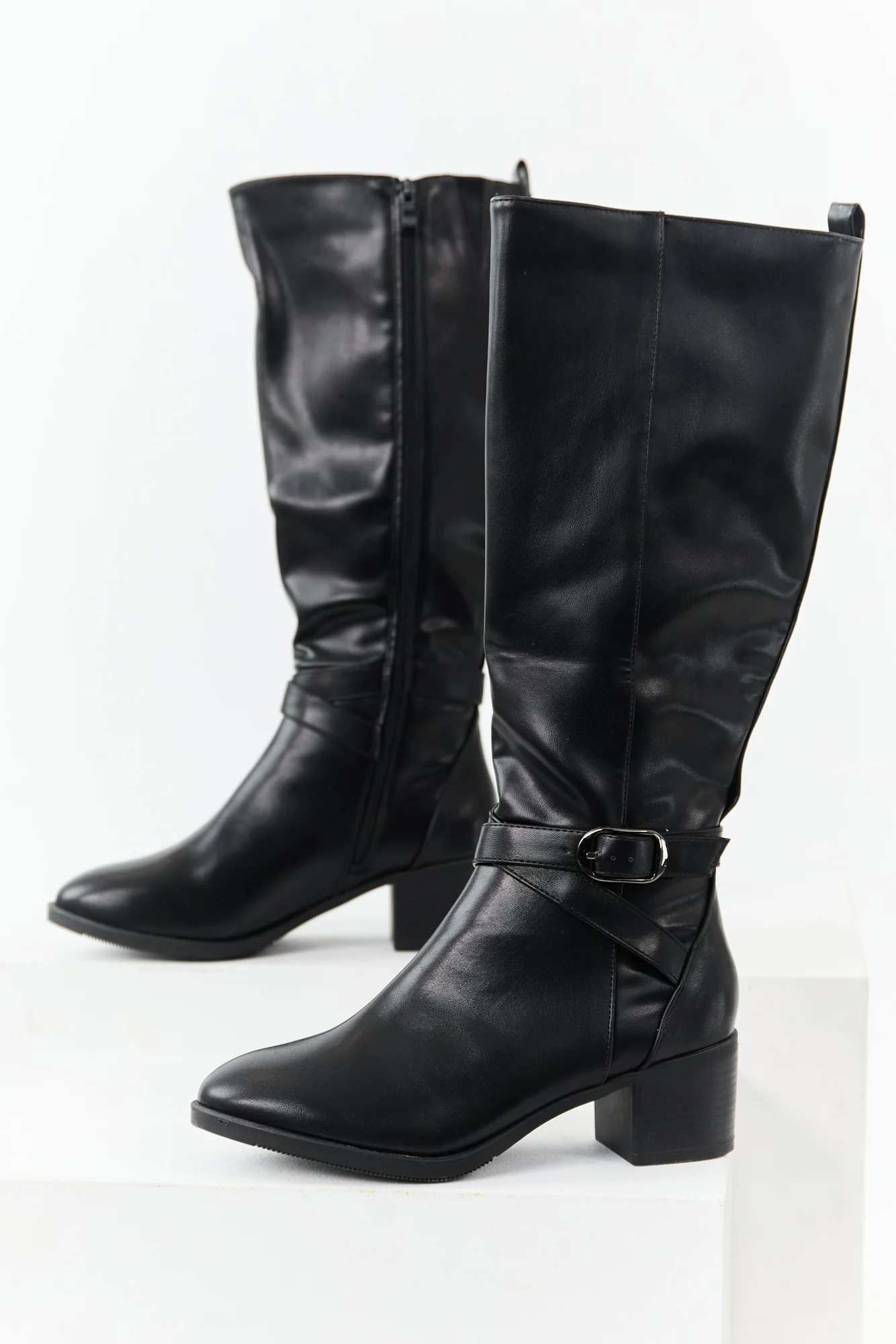 Black Knee High Block Heel Boots - Faux Leather Womens Shoes