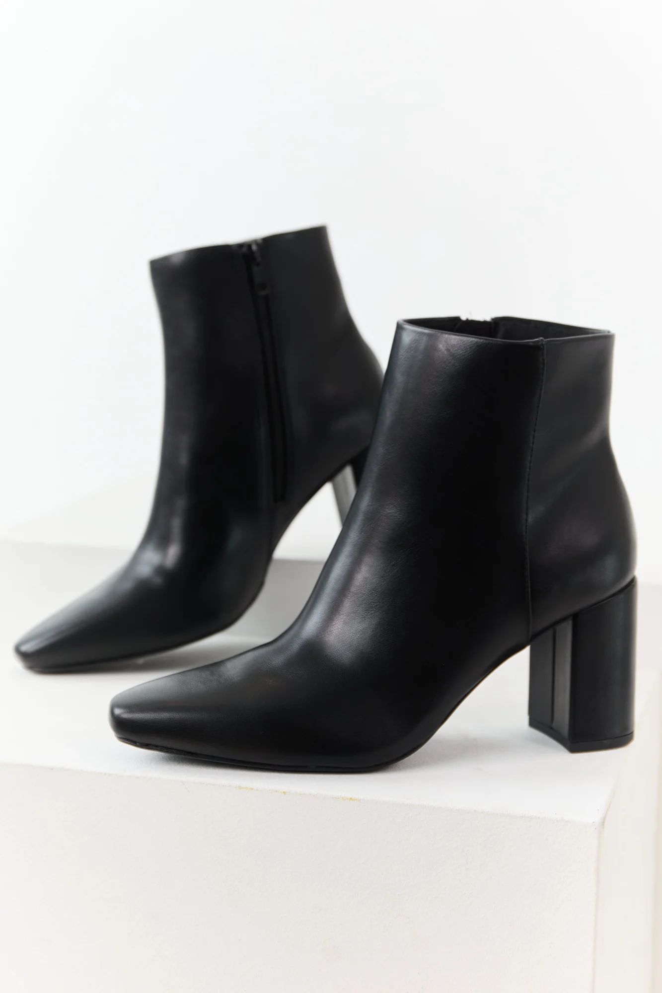 Black Pointed Toe Block Heel Faux Leather Booties