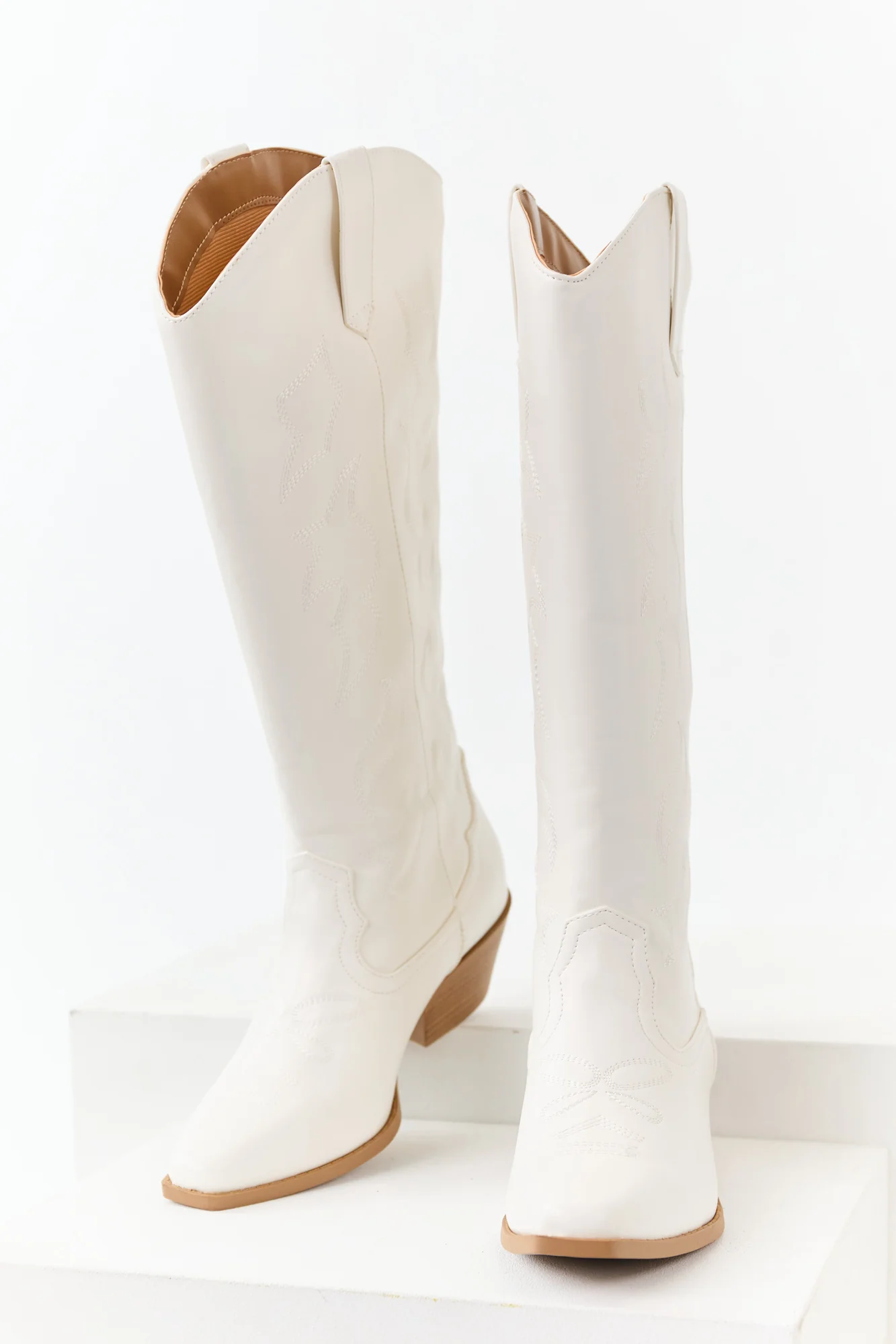 Embroidered Ivory Faux Leather Western Boots