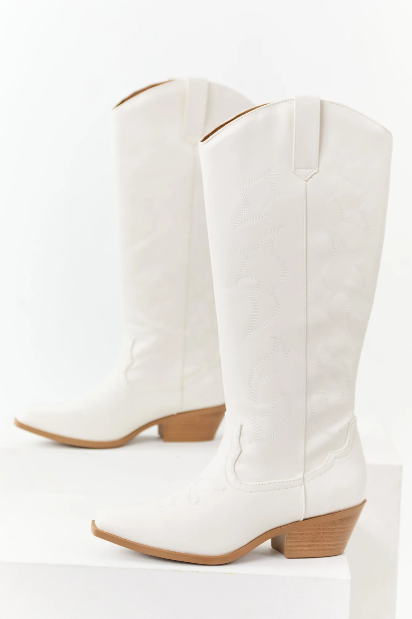 Embroidered Ivory Faux Leather Western Boots