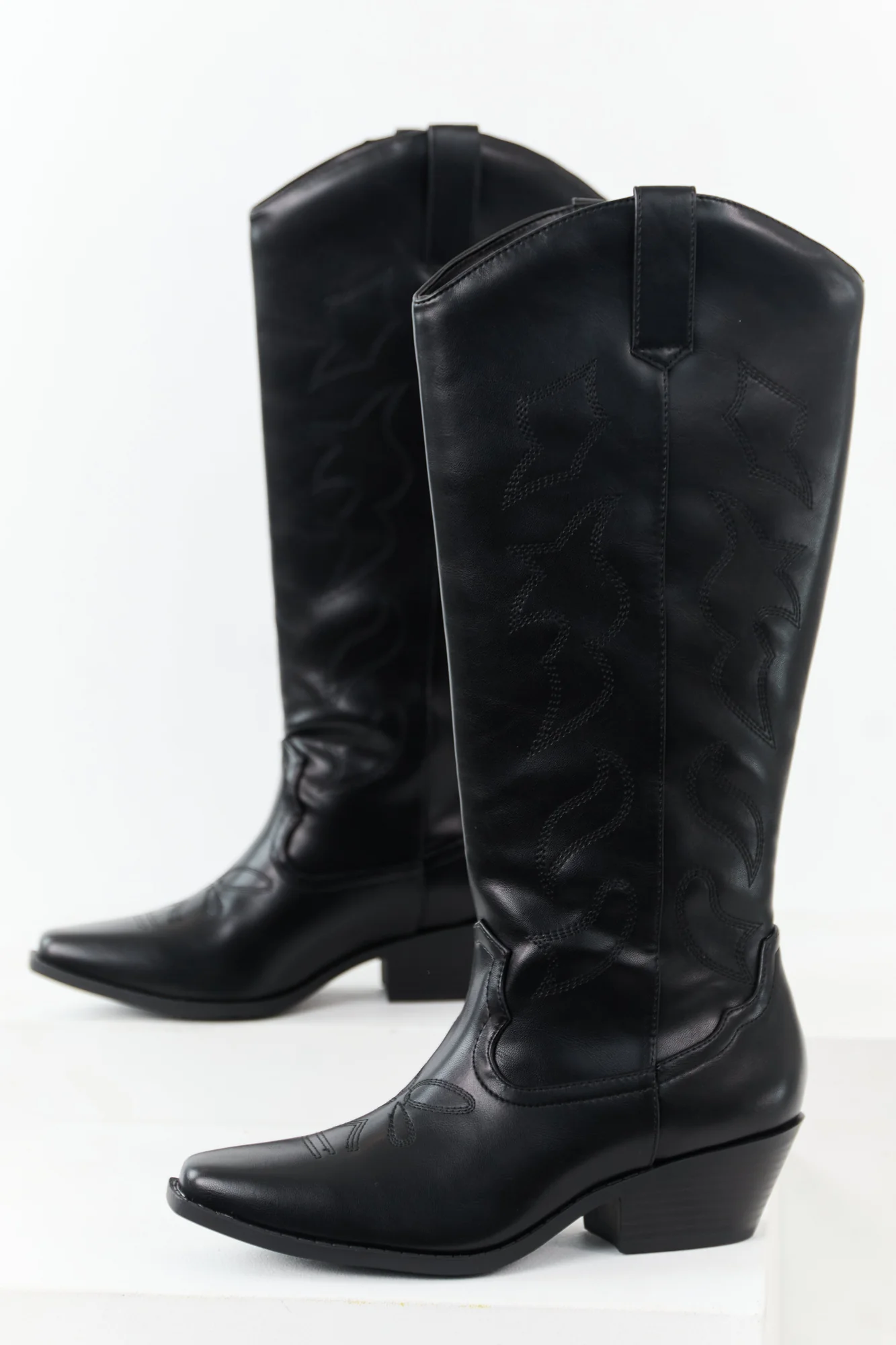 Embroidered Black Western Boots - Faux Leather Tall Style