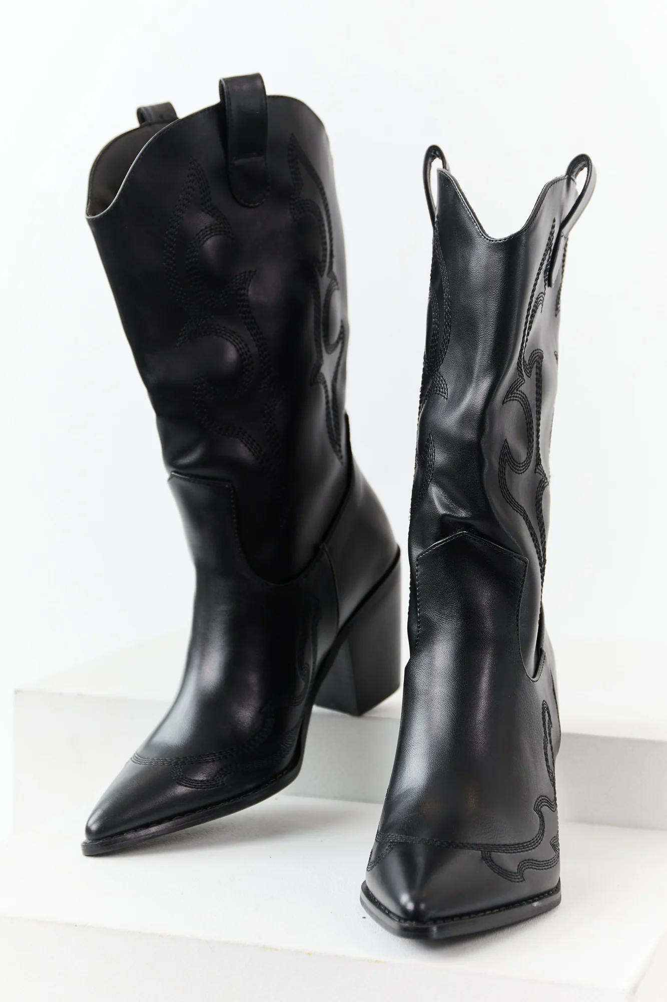 Womens Black Stacked Heel Cowboy Boots