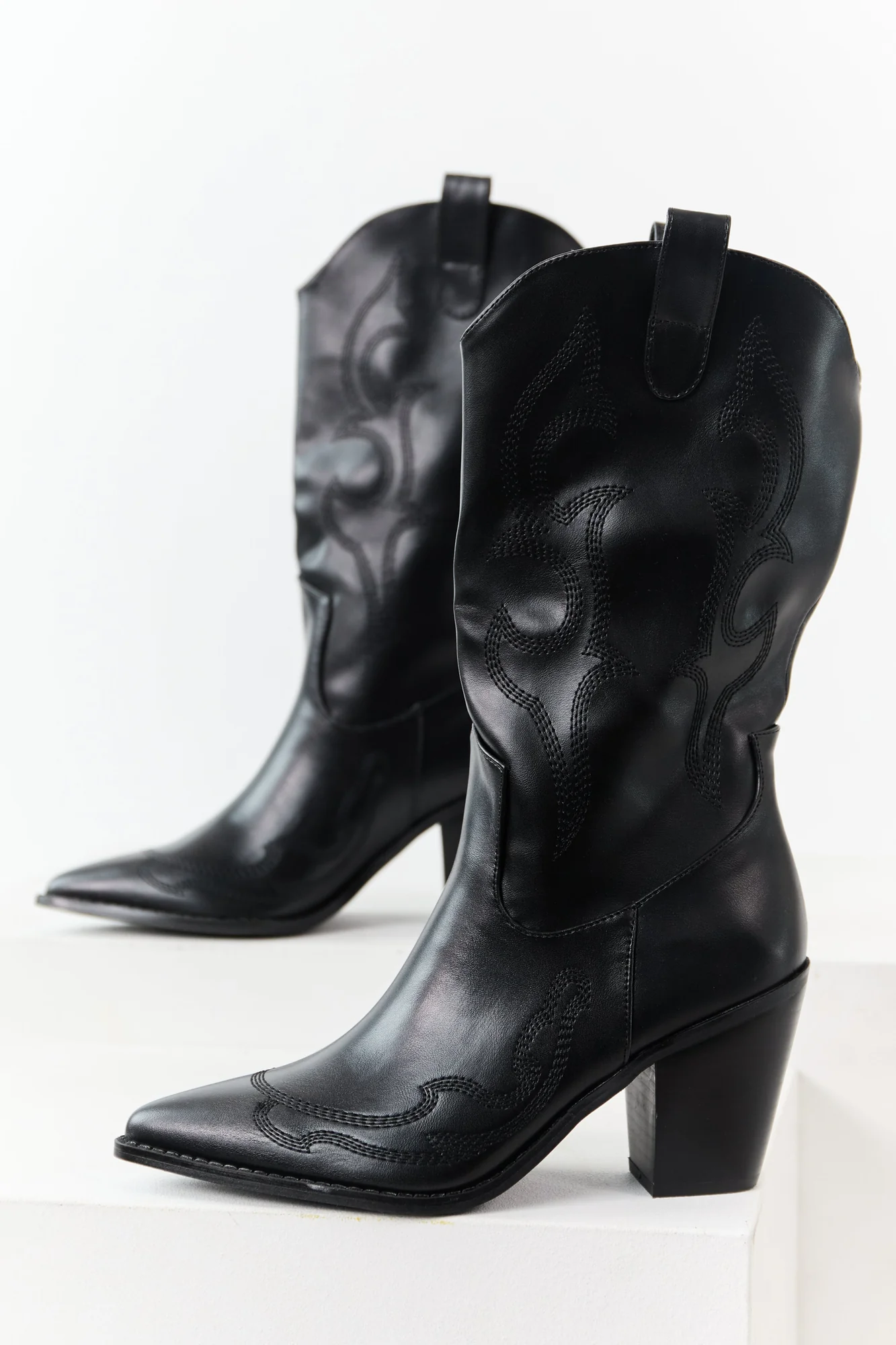 Womens Black Stacked Heel Cowboy Boots