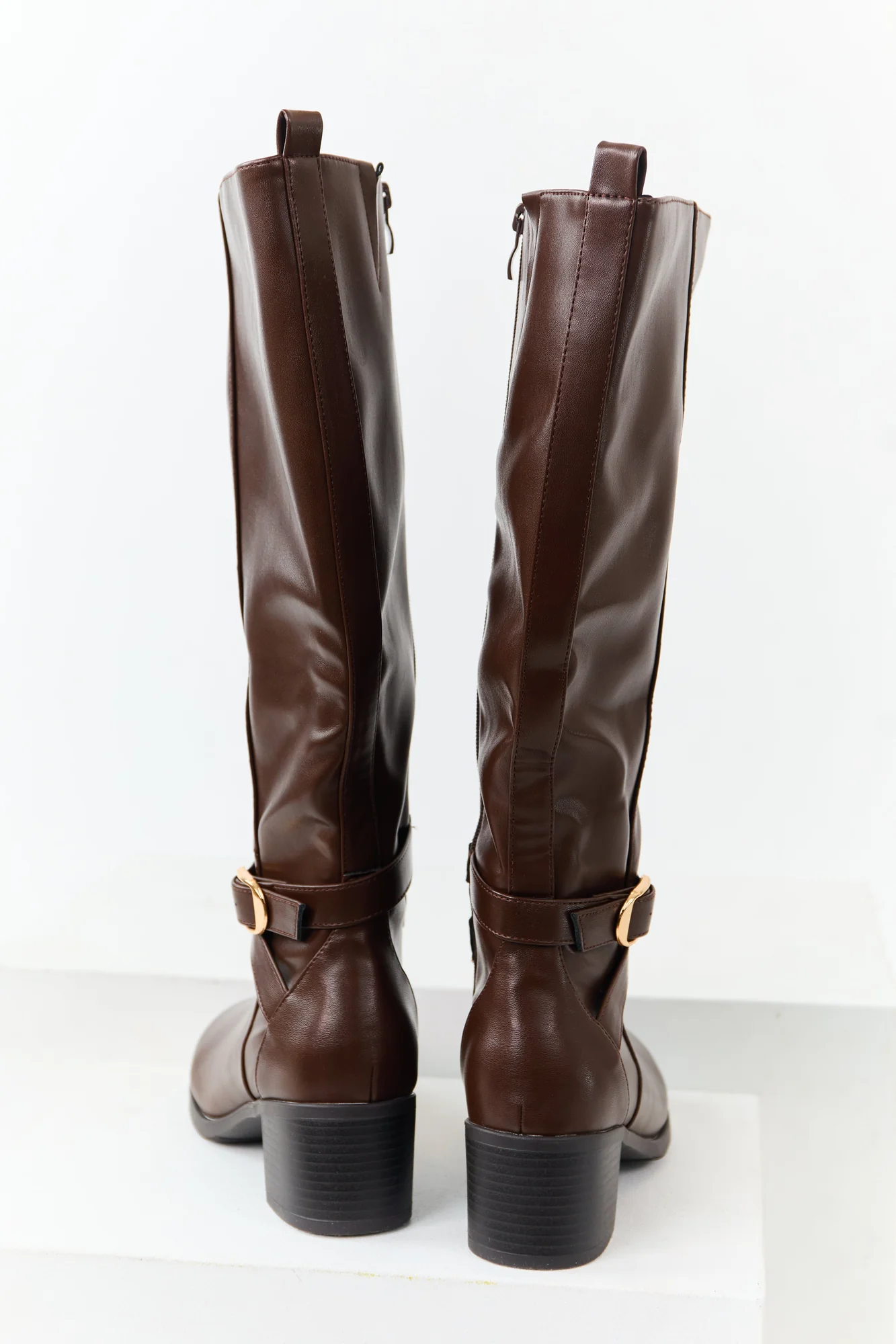 Brown Knee High Block Heel Boots - Faux Leather Womens Shoes