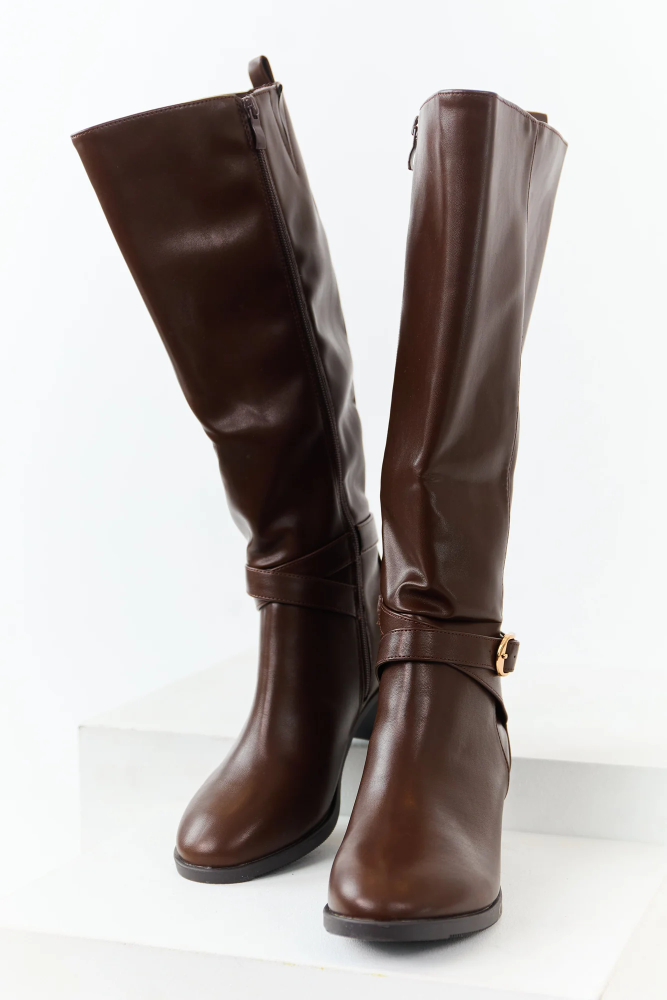 Brown Knee High Block Heel Boots - Faux Leather Womens Shoes