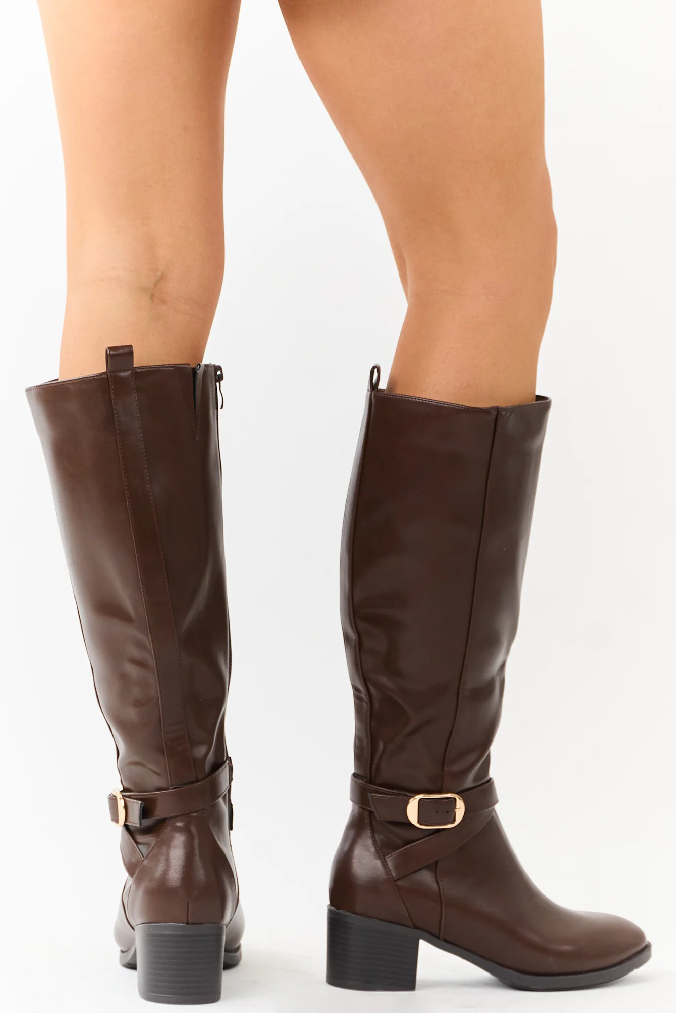 Brown Knee High Block Heel Boots - Faux Leather Womens Shoes