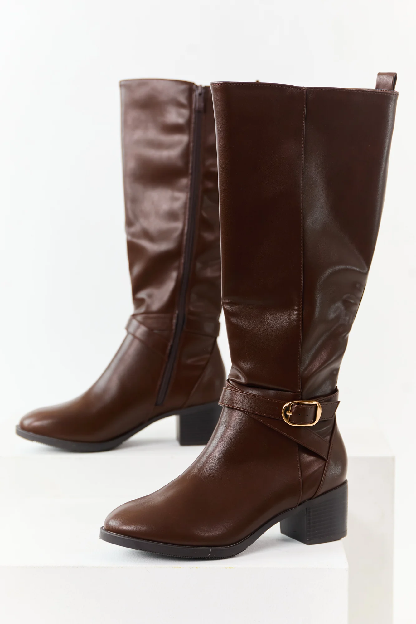 Brown Knee High Block Heel Boots - Faux Leather Womens Shoes