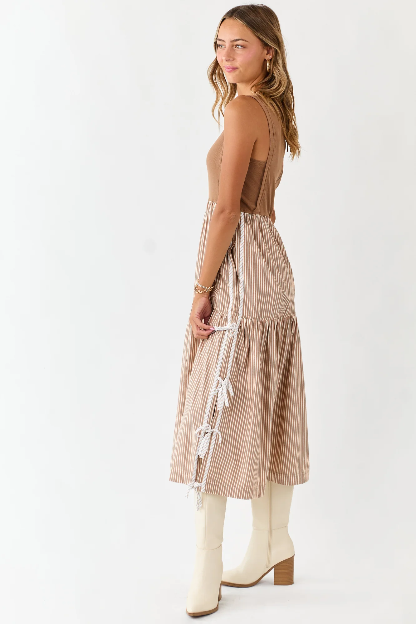 Brown Ribbed Knit Bodice Striped Midi Dress